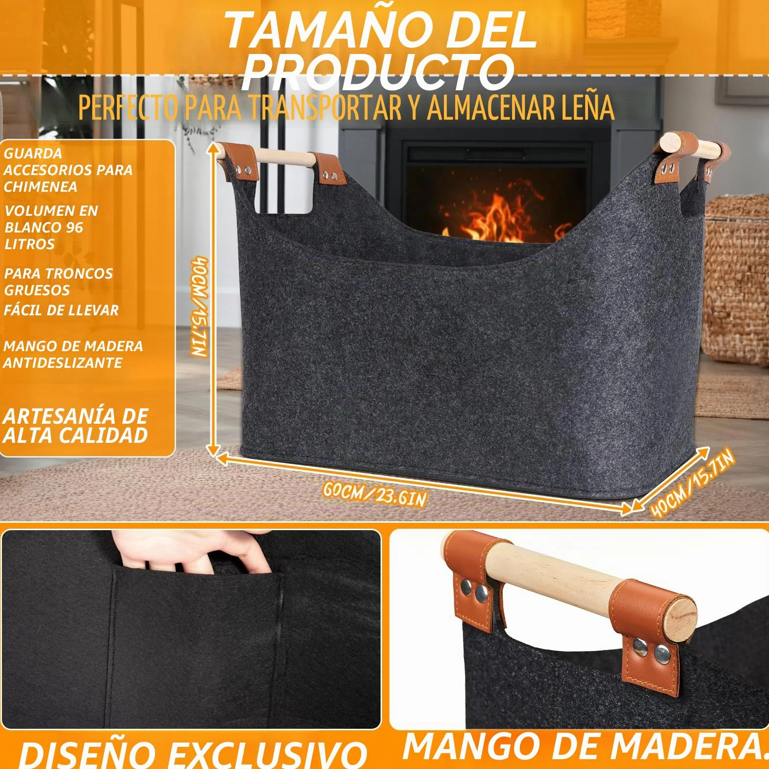 96LCesta para Leña de Chimenea, Cesta de Leña, Plegable Bolsa de Fieltro para Leñas, Cestas para Leñas con Asas, 60x40x40 Cestas Leñas, Cestass de Fieltro para Leñas de Chimenea, Gris Oscuro