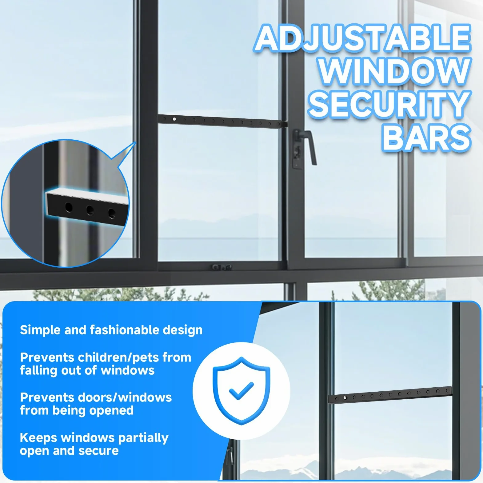 ZhouDaShu Barras de seguridad ajustables para ventana, barras de seguridad interior vertical, bloqueo de barra de ventana para evitar robos, barras de seguridad para ventana para niños, barra de