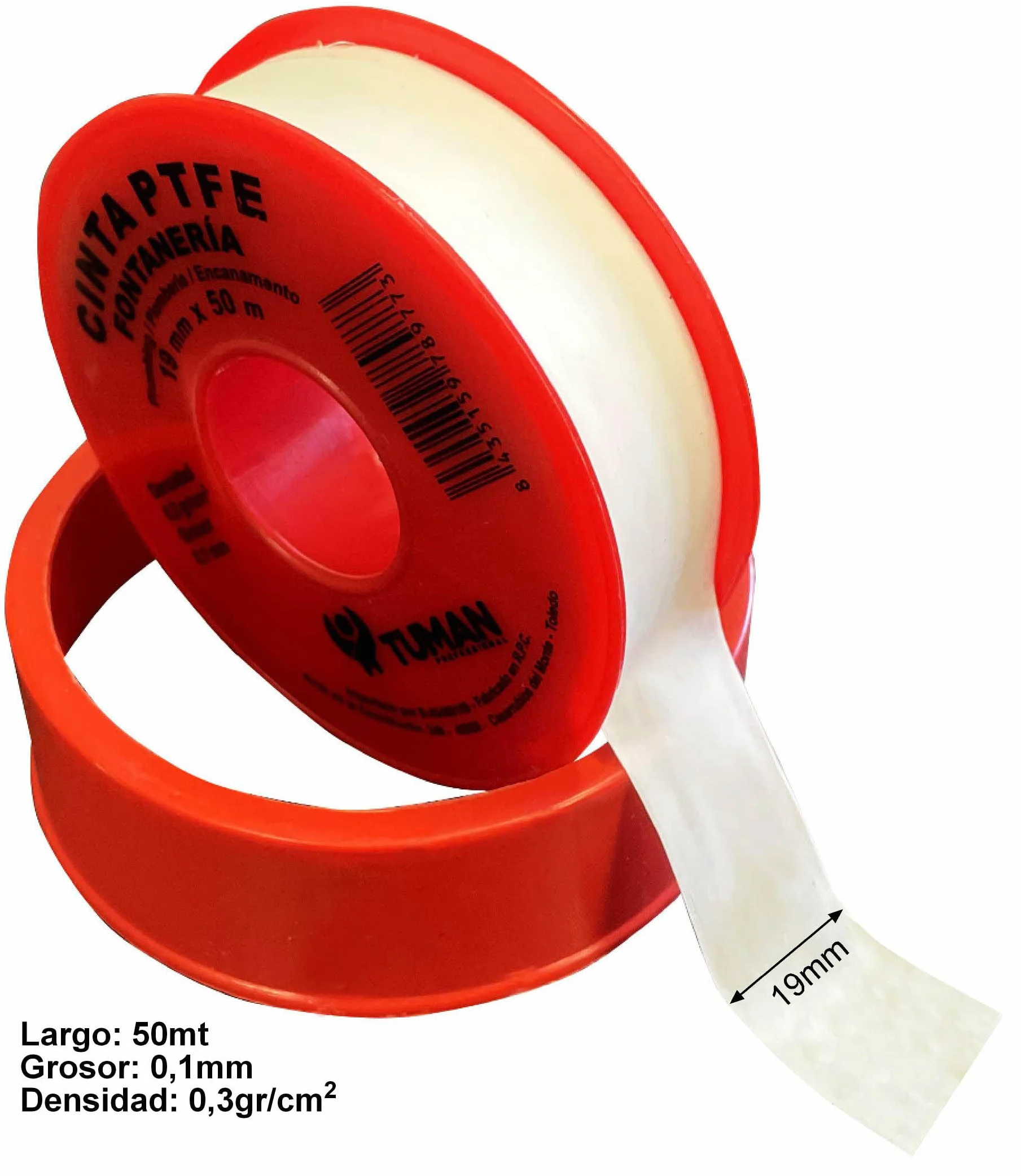 1 Rollo de Cinta Teflón para Fontanería de 19mmx0,1mmx50 metros de 0,3gr cm2. PTFE para sellado de roscas, tuberias.