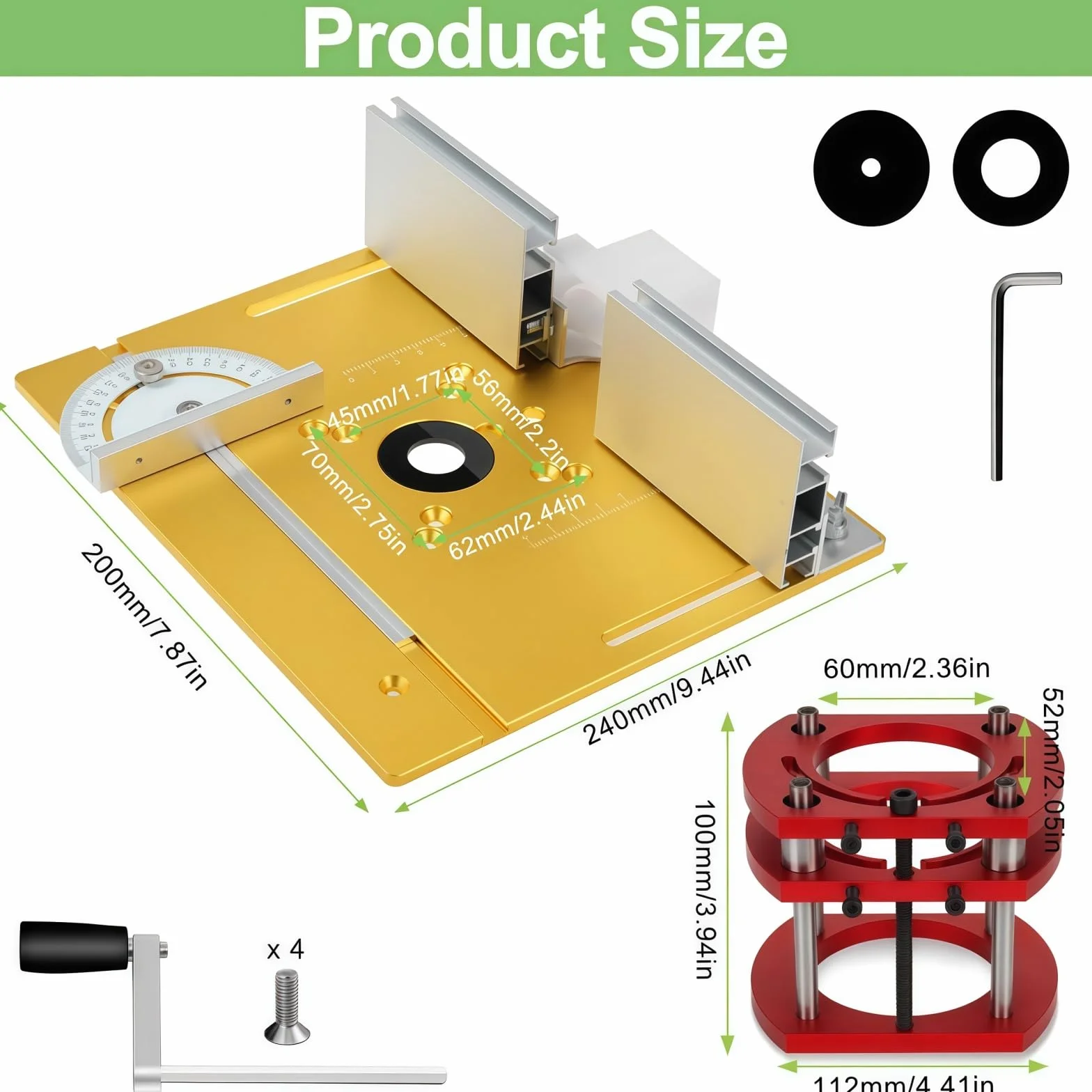 Mesa Fresadora para Madera Aluminio, Sistema Elevación de Mesa para Fresadora Kit, Sujeción de 4 Mordazas Mesa Fresadora, para Carpintería, Ranurado y Recorte (Oro)