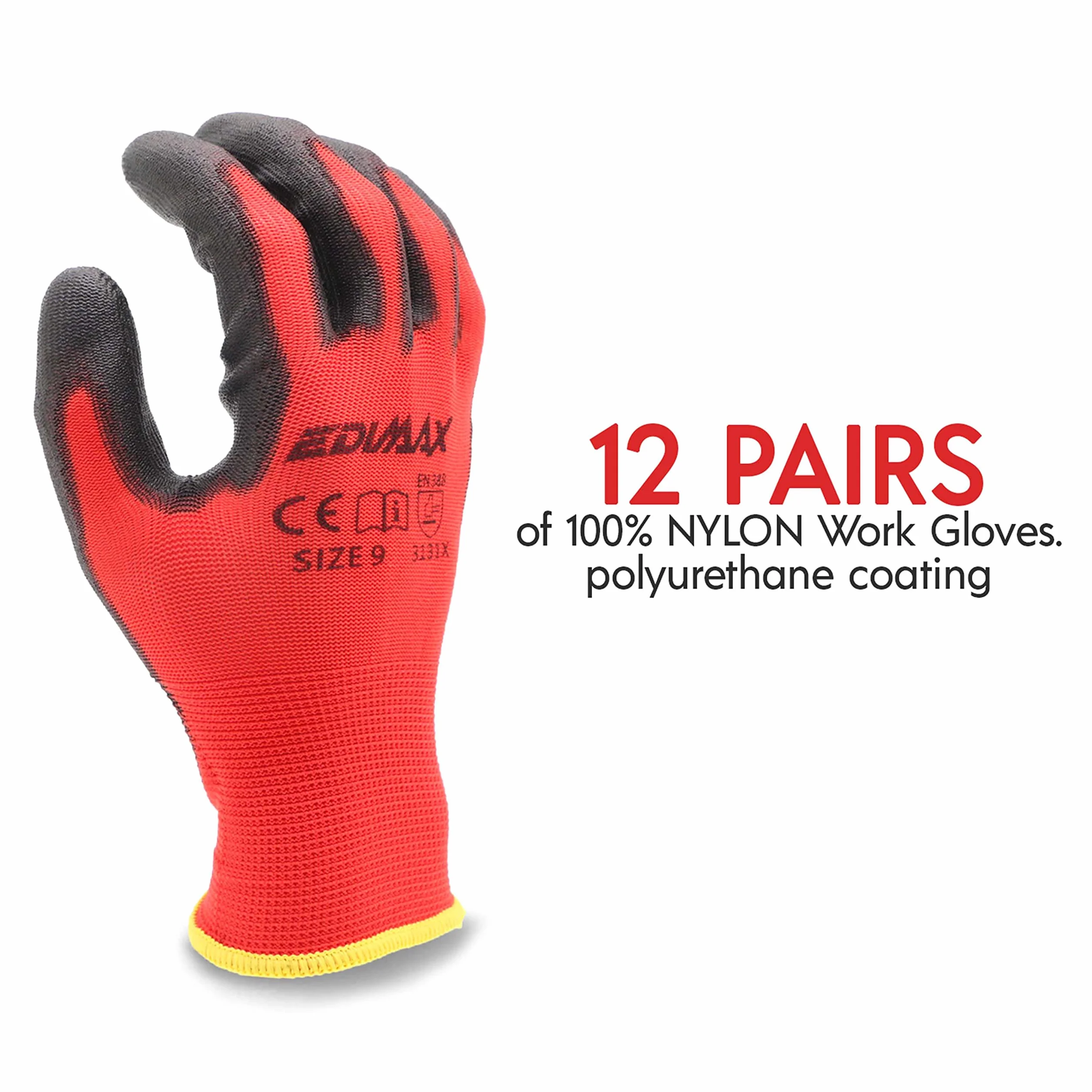 Guantes Trabajo EDIMAX Alta Resistencia Abrasión Desgarro Nivel 3 Recubrimiento Naylon PU Protección Mecánica Industrial 12 Pares