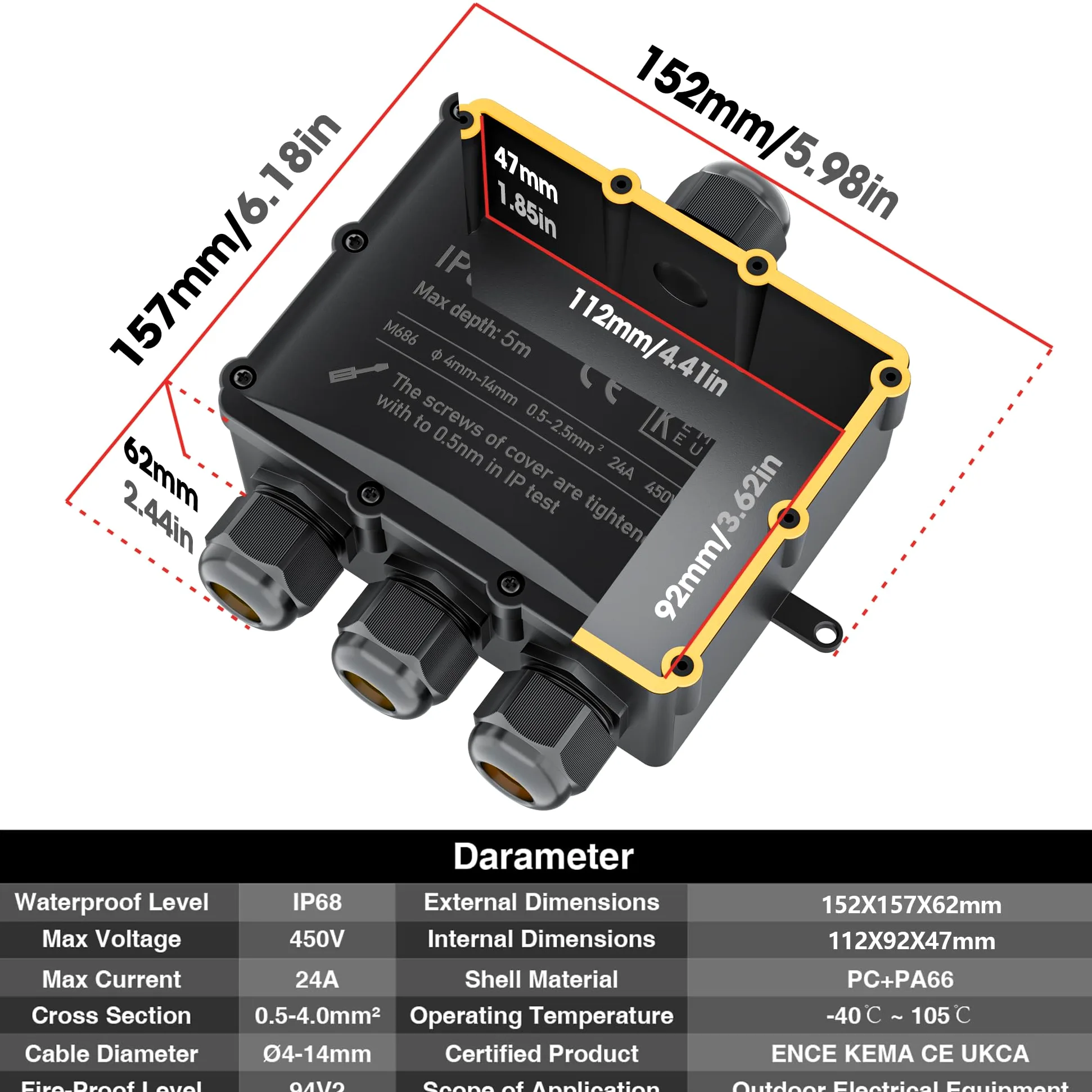 PEBA Cajas de Conexiones Impermeables IP68, Conector de cable estanco, Caja de conexiones de conector de cable Exterior Grande de 4 vías, Apto para cables 4-14 mm Caja Estanca, Negro