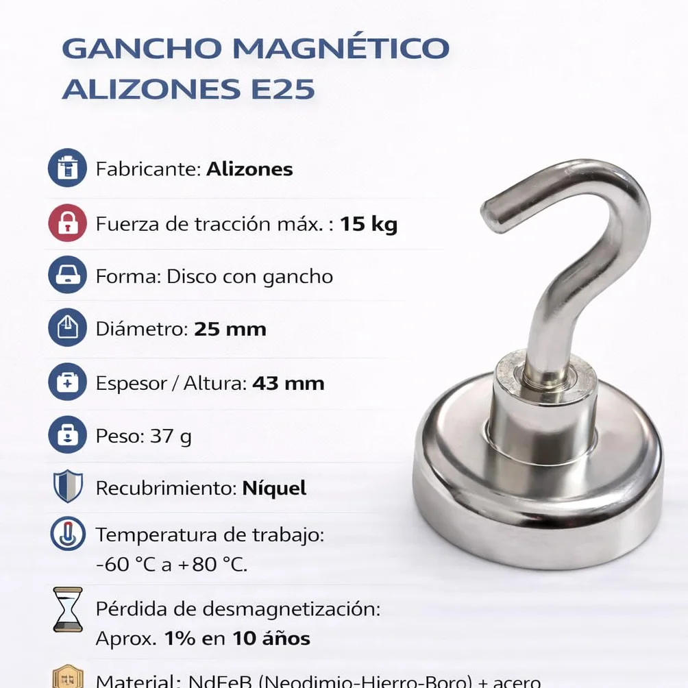 Alizones Gancho Magnético de Neodimio | Potente y Versátil para Organización y Fijaciones (E25 mm, 10 pcs)