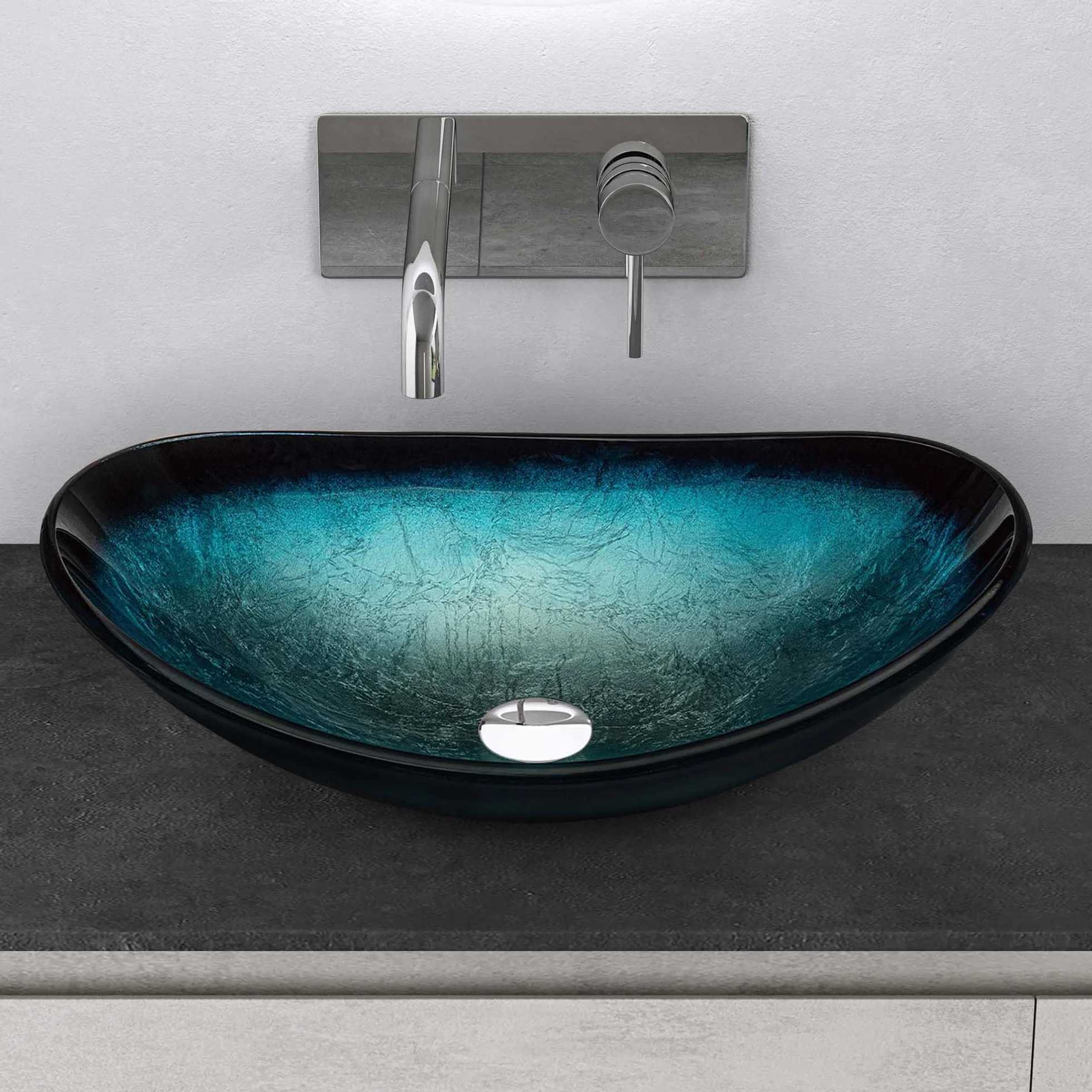 Mai & Mai Lavabo sobre Encimera Lavabo Baño | Ovalado | Vidrio | Azul | 53,5x35,5x16 cm | sin Orificio para Grifo sin Rebosadero | Minerva08