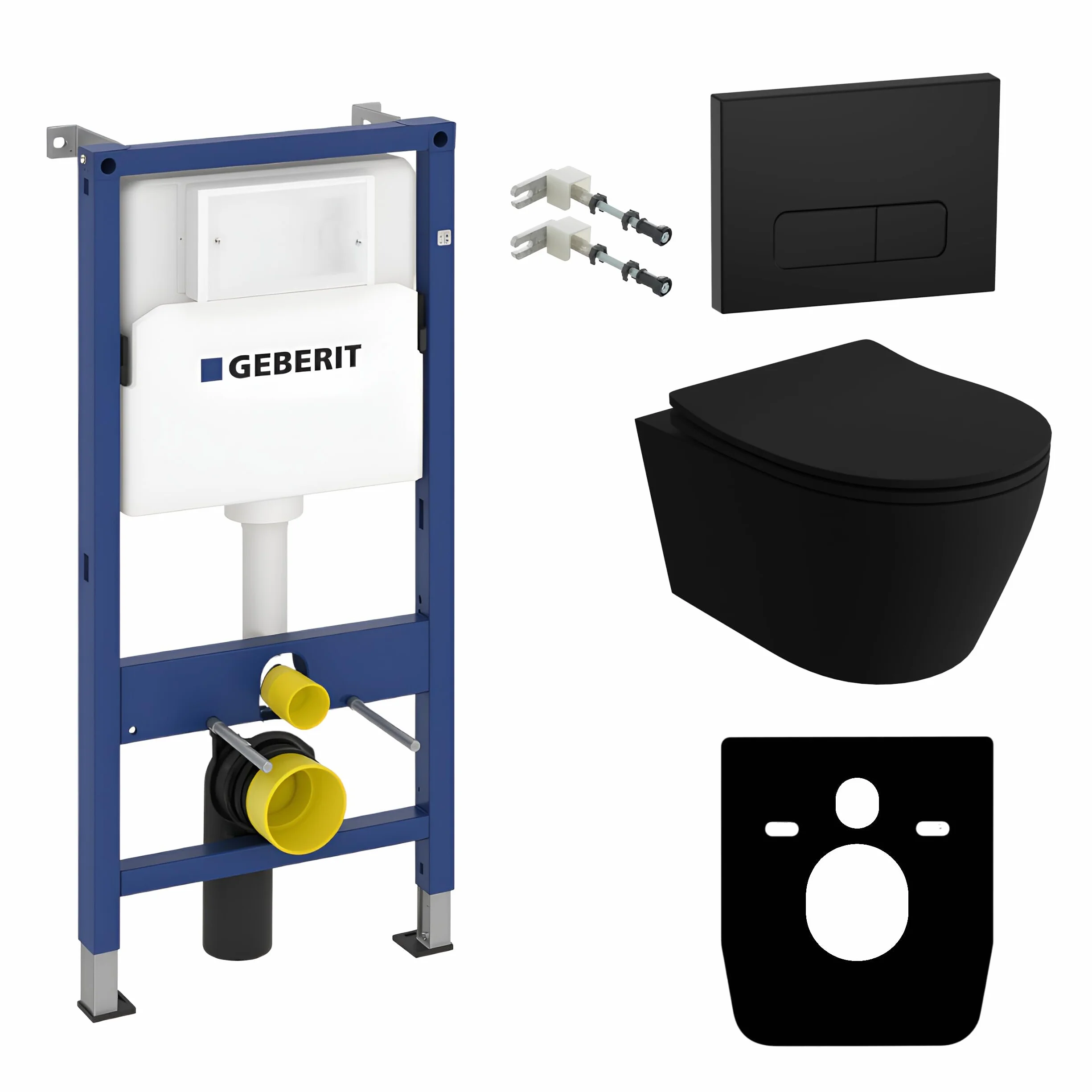 Lavita Duofix Basic Elemento de pared + Inodoro de descarga profunda Brava Negro Sin reborde + Asiento de inodoro con cierre automático + negro Juego completo Cisterna empotrada Inodoro WC
