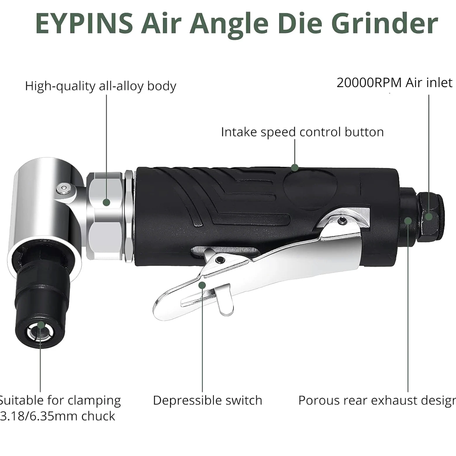 EYPINS Mini Lijadora Neumática, 1/4" 90 Grados Pulidora Neumática Amoladora de Ángulo de Aire Comprimido con Disco de Arena y Barra Fija, con Cubierta Protectora, para Moler, Pulir, Fresar