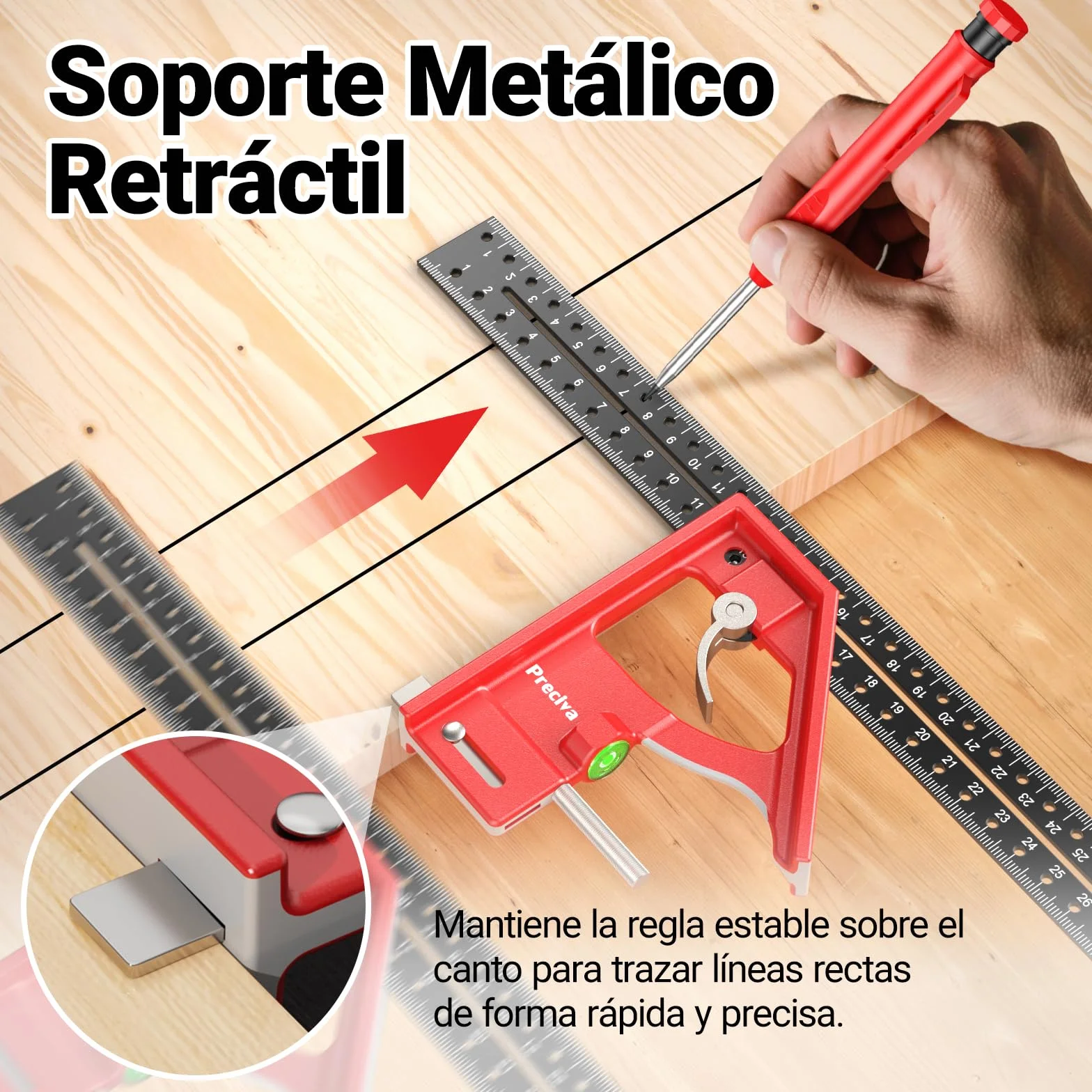 Kit de Carpintería, Escuadra Carpintero Multifuncional, Lápices de Carpintero con Sacapuntas y Estuche, Regla Metálica con Nivel Burbuja para Carpintero, Construcción, Dibujo