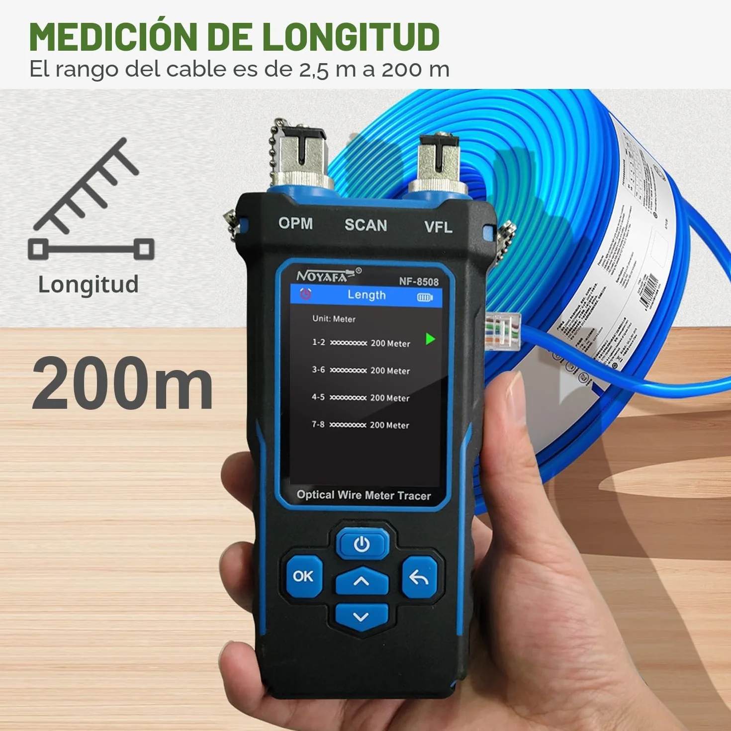 NOYAFA NF-8508 Probador de Cables Red Ethernet Medidor de Potencia Óptica Tester RJ45 RJ11 VFL PoE NCV Longitud Mapeo Cat5 Cat6