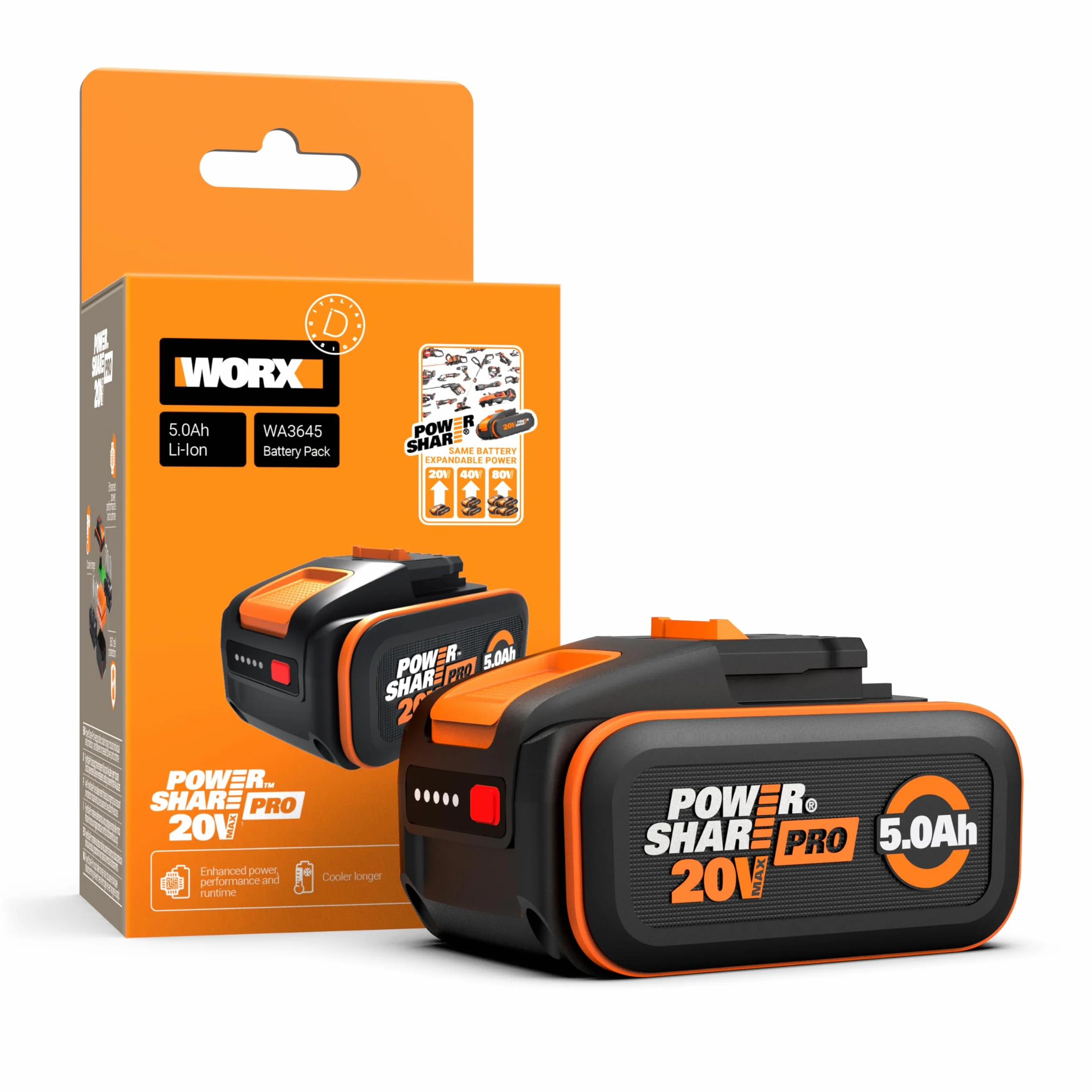 WORX WA3645 PowerShare Pro Batería 20V 5,0Ah Ion-Litio con BMS Inteligente Indicador LED Compatible 20V 40V 80V