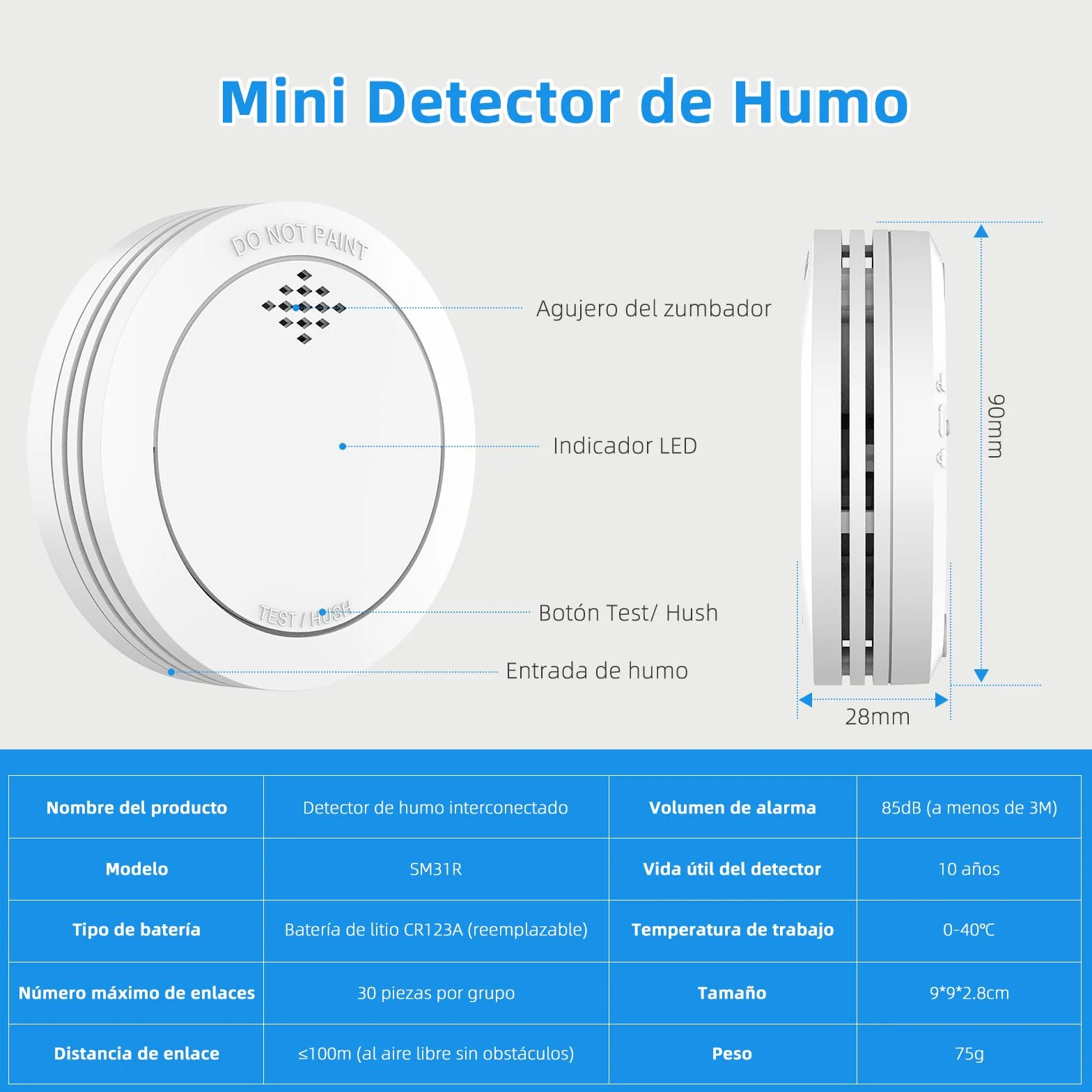 Detector de Humo 10 Años Alarma Incendios Red Batería CR123A 85 dB 1 Unidad