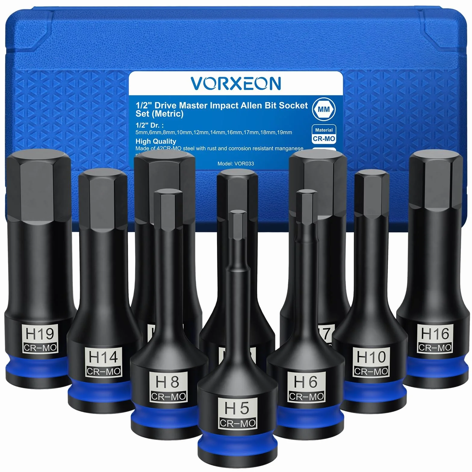 Juego de 1/2" Llaves de Vaso Hexagonales 42CRMO 5-19mm Métricas Llaves de Vaso de Impacto para Garaje Taller de Reparación de Automóviles