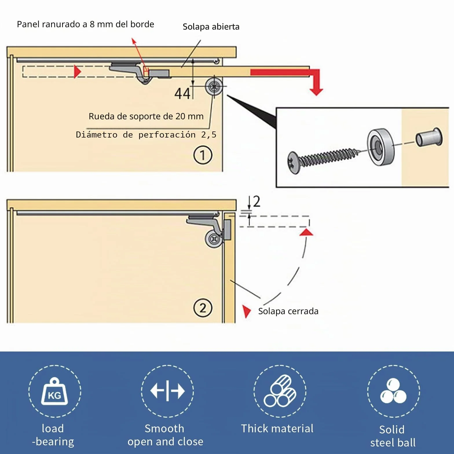 Rieles ocultos para puertas de armario, 2 unidades de 30-70 cm para puertas de armario, guías de bolas, montaje lateral, deslizadores de puerta corredera para armario (50 cm)