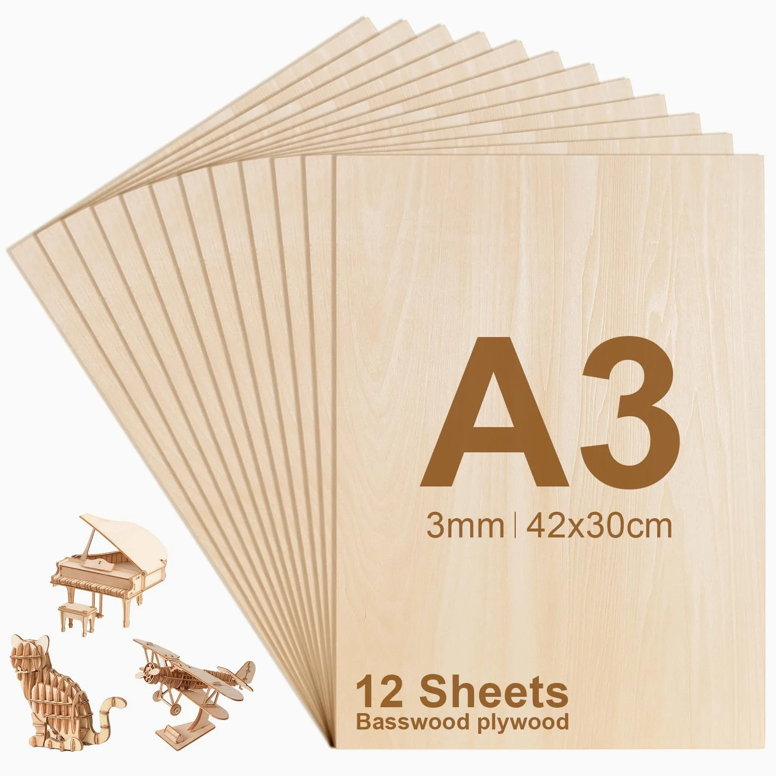 FoiiLiio 12 piezas Madera Contrachapada 3mm, A3 Tablero Contrachapado 42 x 30 cm, Sin Terminar Tablero Madera para Manualidades Decoración, Proyectos de Láser, Pintura, Modelado
