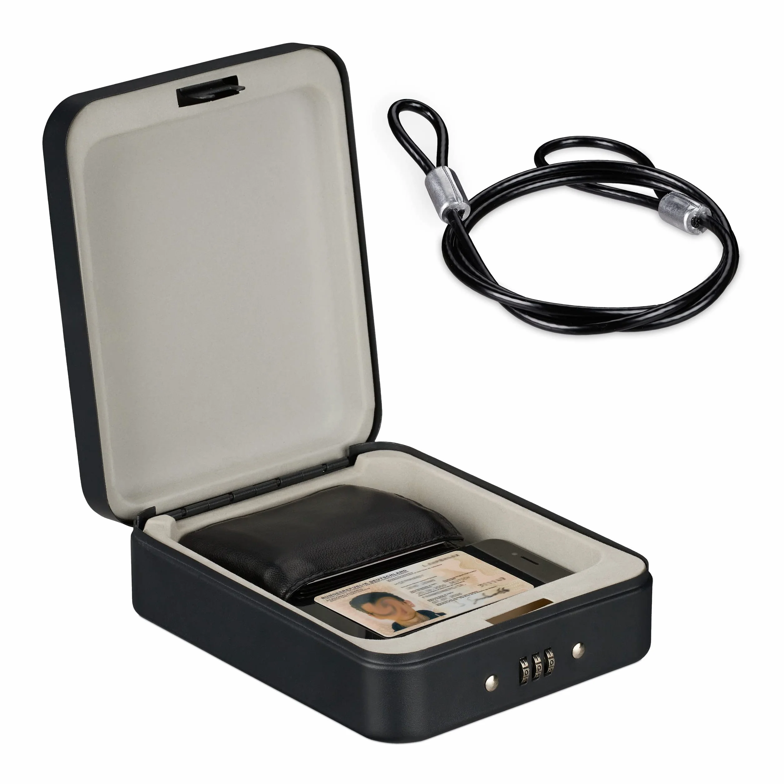 Relaxdays Caja Fuerte Portátil Seguridad, Cerradura Combinación Numérica, Acero, 6 x 16 x 20 cm, Negro