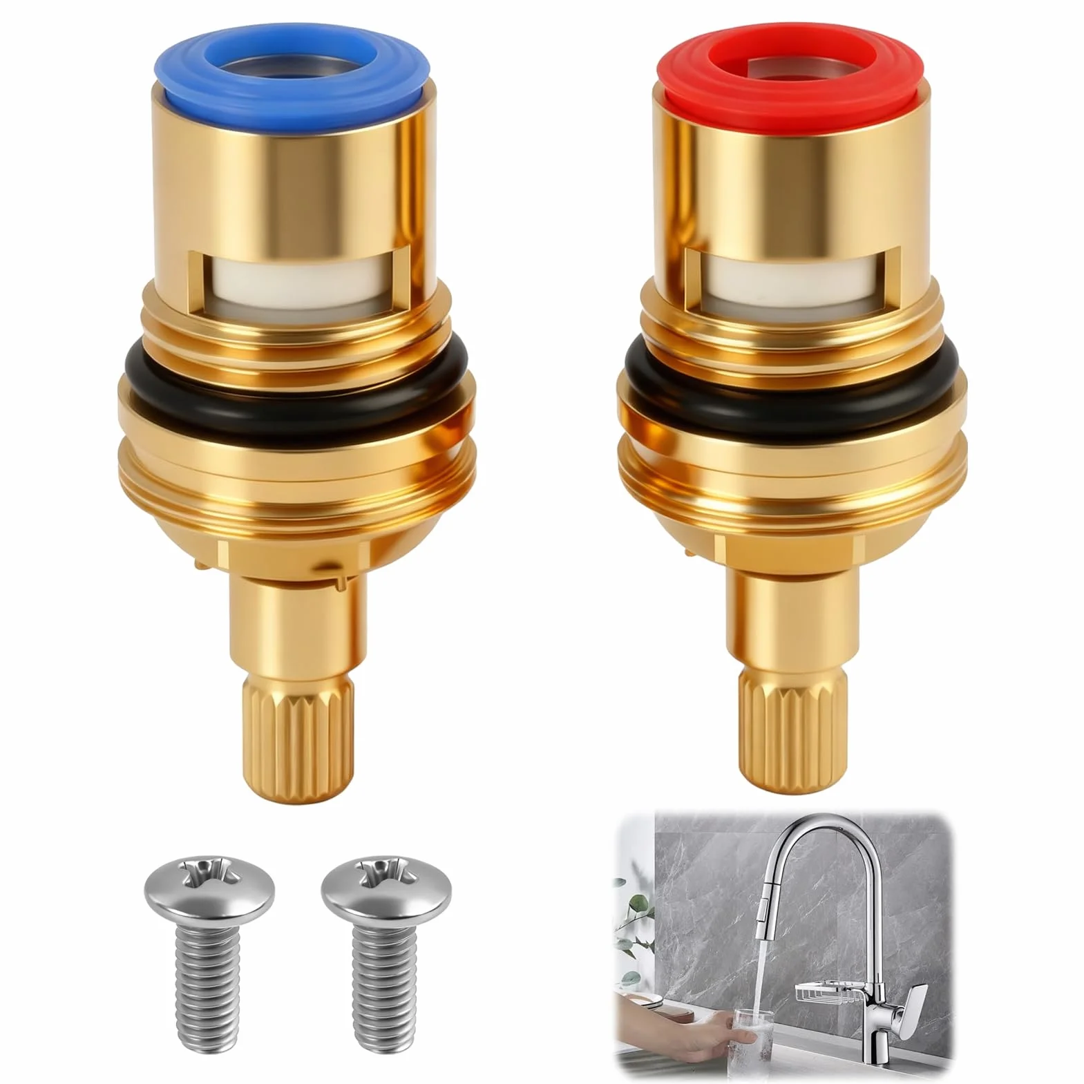 2 Piezas Cartucho Cerámico Grifo 20 Dientes G1/2, Válvula Grifo 1/4 Vuelta, Cabezal Disco Cerámico Latón Repuesto para Grifos Agua Caliente y Fría, Antigoteo Duradera para Baño, Cocina, Lavabo, Ducha