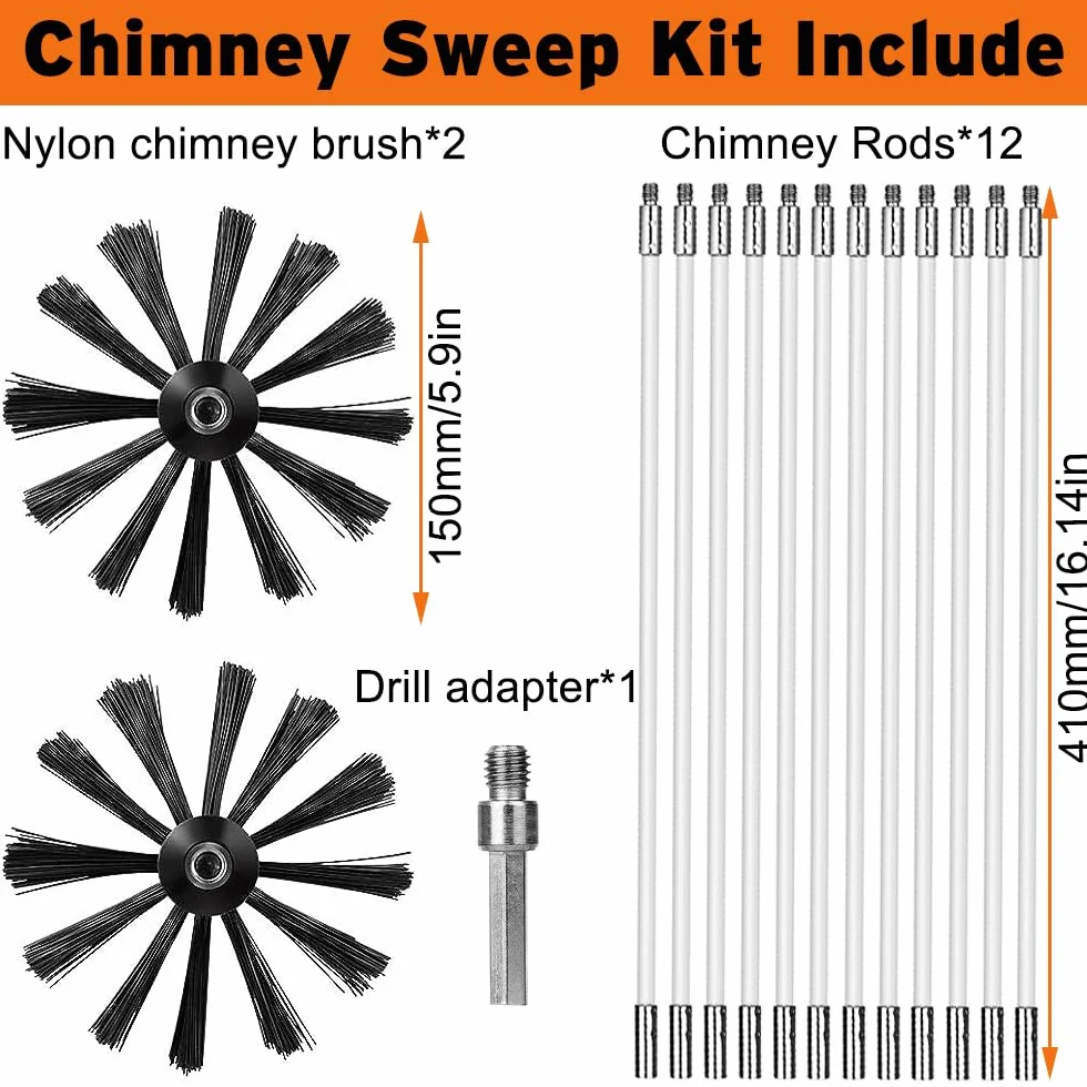 Kit de Cepillo Limpieza Chimenea, Cepillo para Limpiar Chimeneas con 12 Varillas Flexibles, 2 Cabeza de Cepilloy de Ø 150mm y 1 Barra Hexagonal para Tuberías de Caldera, Tubos de Ventilación