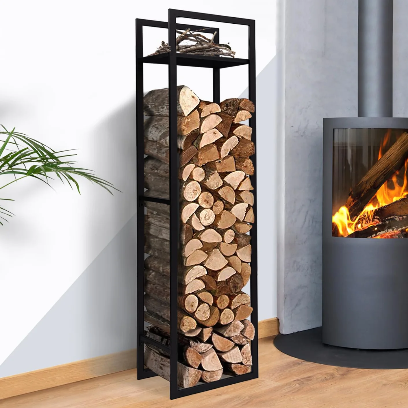 IDMarket - Portatroncos vertical de acero negro con estante H.170 CM para chimenea