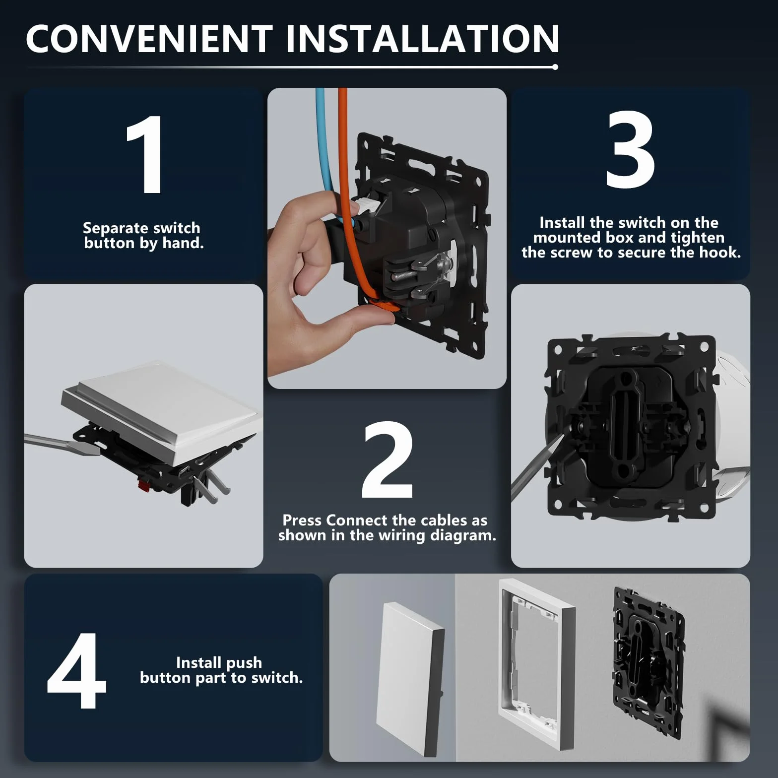 BSEED Interruptor de Pared 1 Gang 3 Vías Negro 80x80mm 16A Empotrado Panel de Plástico sin Tornillos