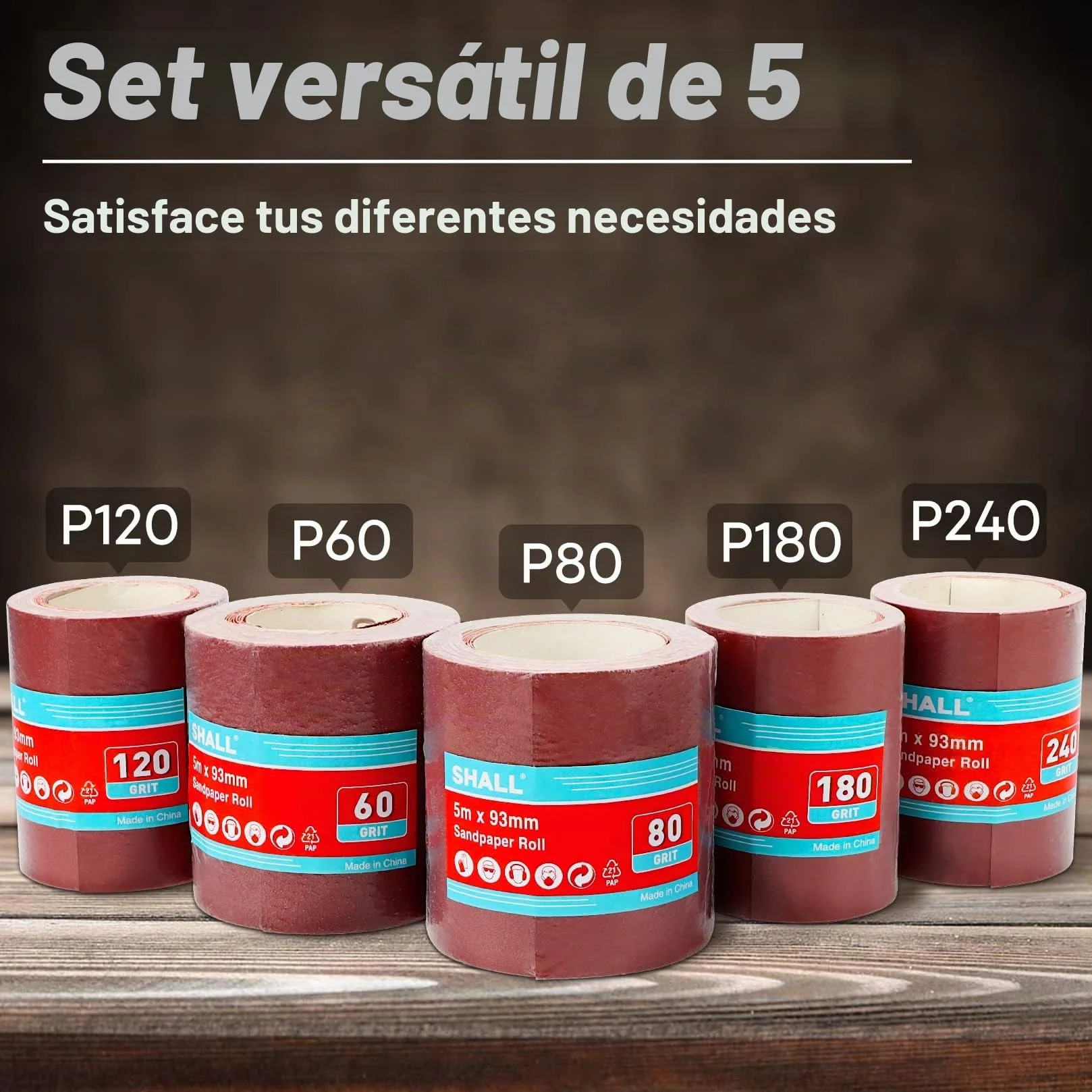 SHALL Juego de 5 rollos de papel de lija 9,3 cm x 5 m, grano 60/80/120/180/240, óxido de aluminio para lijar y pulir
