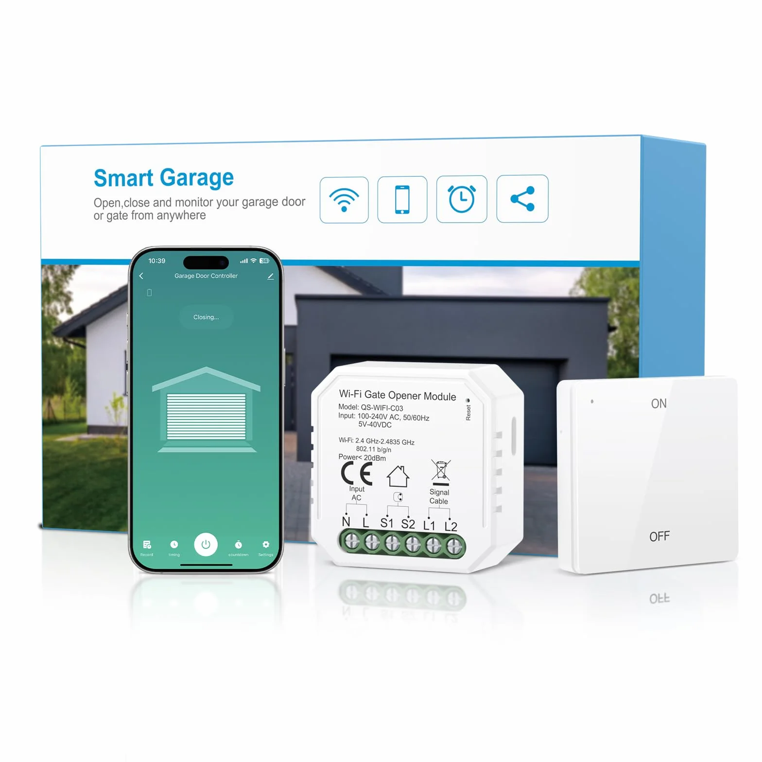 Maxcio Abridor de Puerta de Garaje Inteligente WiFi, Compatible con Alexa/Google Home, Control por Aplicación, control por Voz, compatible con CC y CA, No Requiere Hub, Con Control Remoto