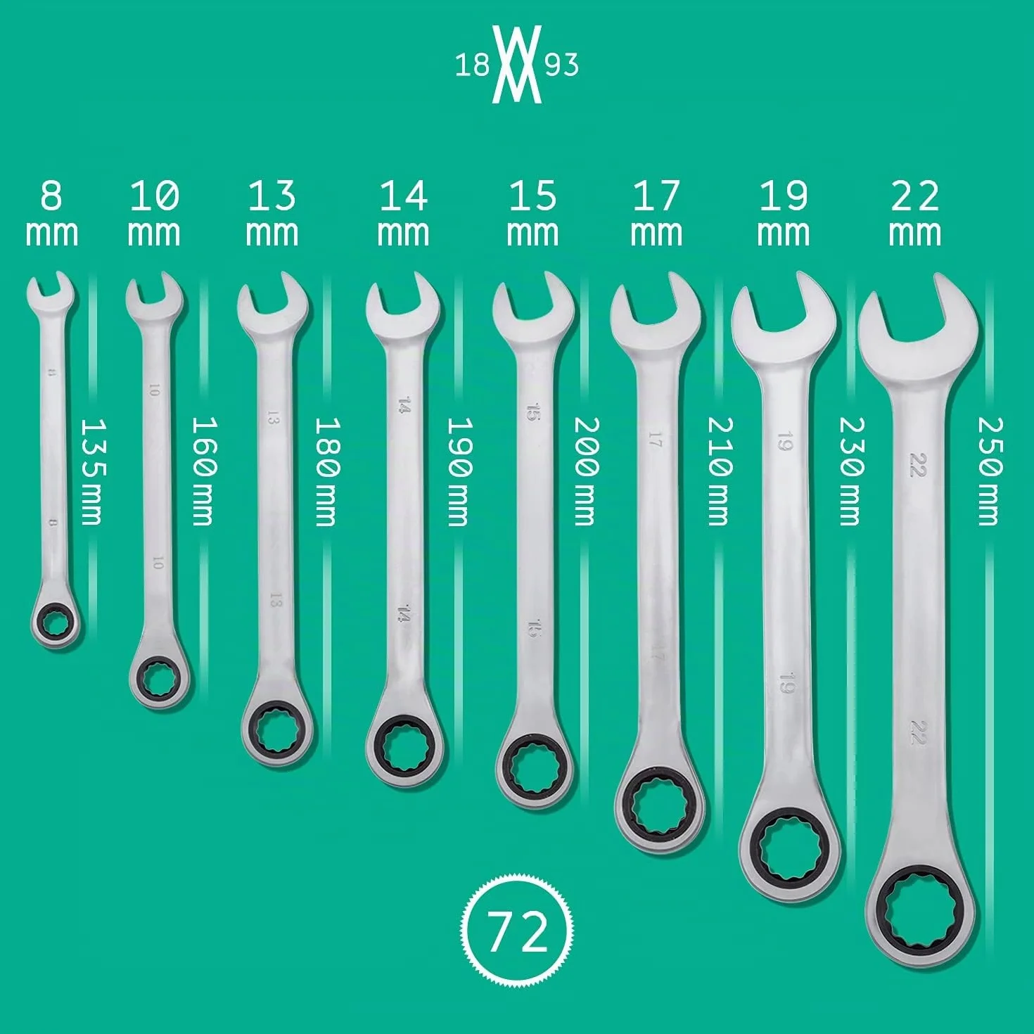 WIESEMANN 1893 Juego de 8 llaves combinadas de 8-19 mm con 72 dientes Cabeza de estrella con trinquete |De Acero al cromo vanadio, cromado | 80393