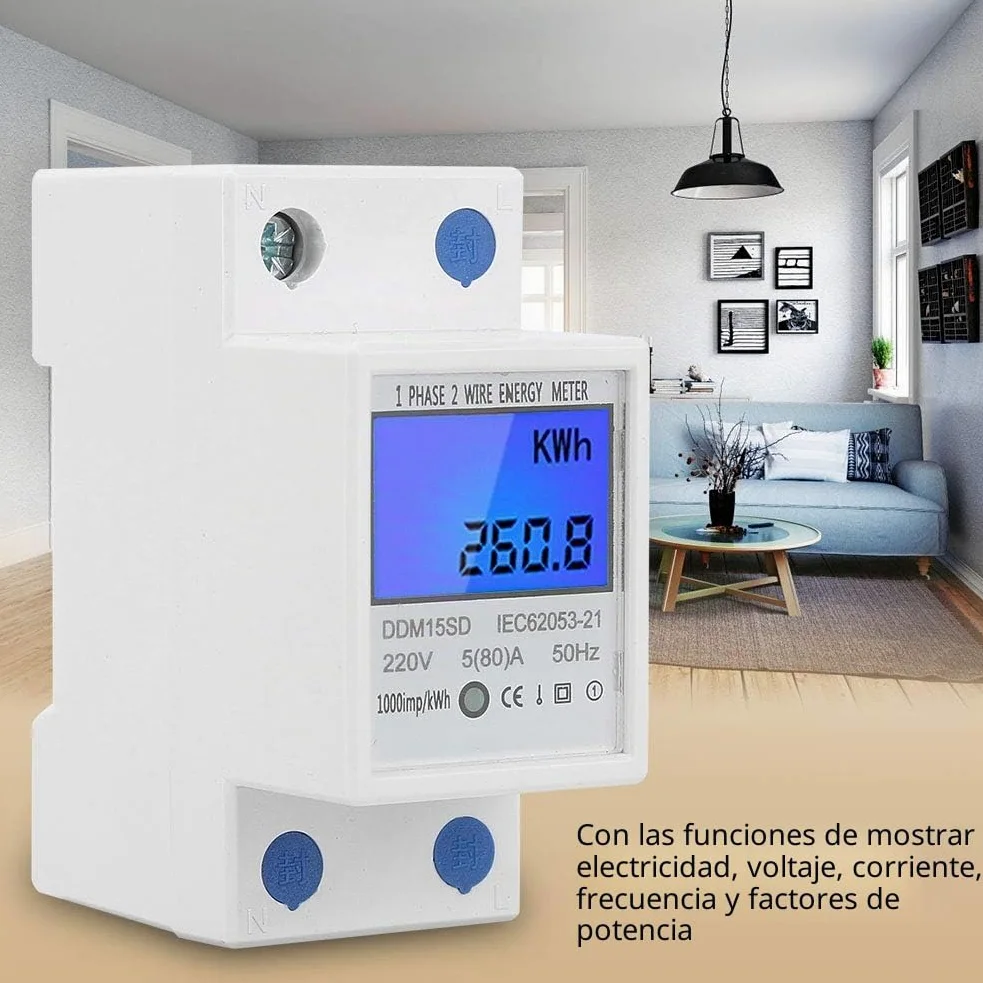 Contador de Energía Digital, 5-80A DDM15SD LCD Luz de Fondo Pantalla Digital Medidor de KWh de Energía Electrónica Monofásico
