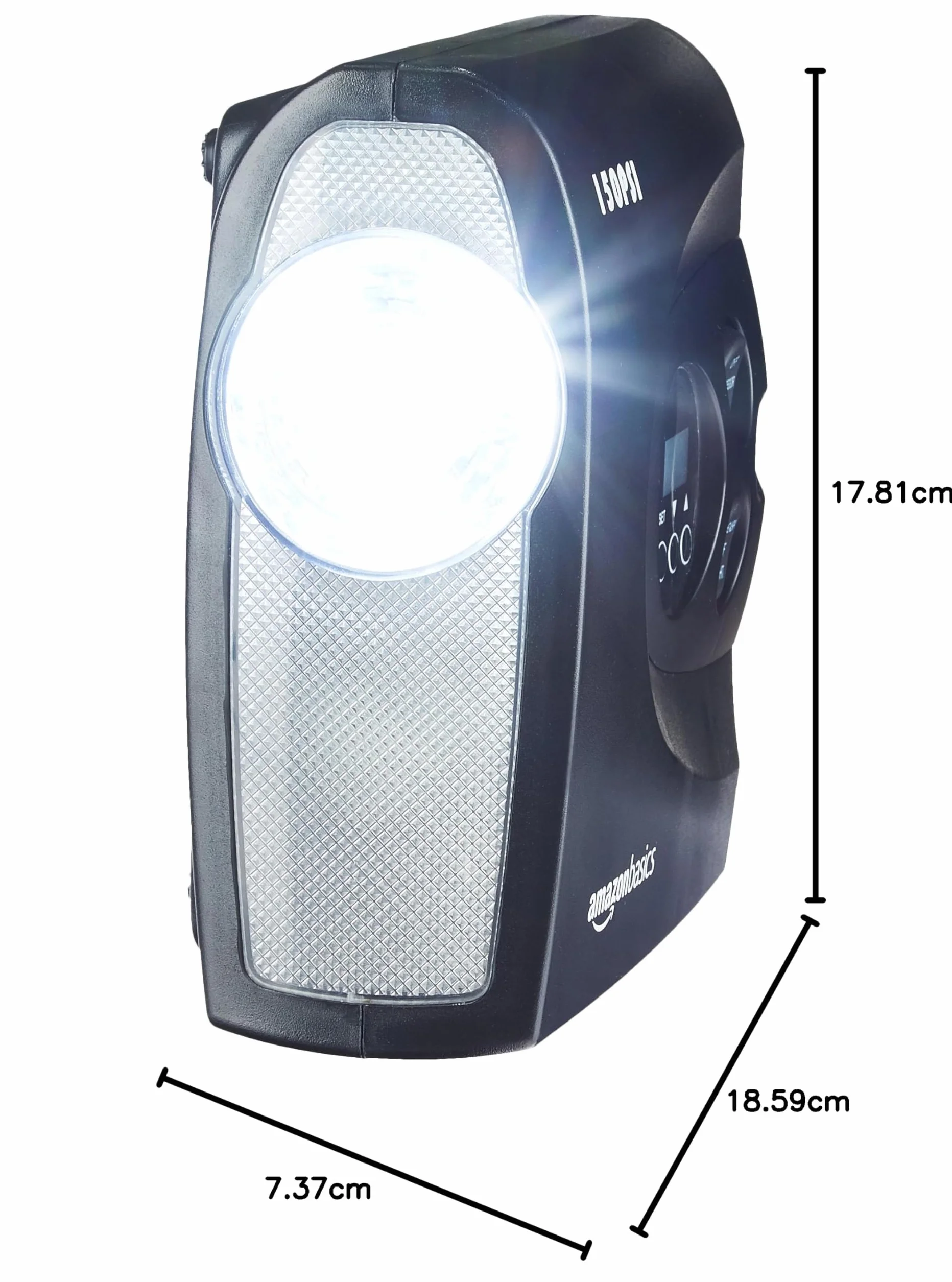 Amazon Basics Compresor de aire portátil compacto, inflador de neumáticos, apagado automático con luz LED, CC 12 V, 150 PSI, color negro