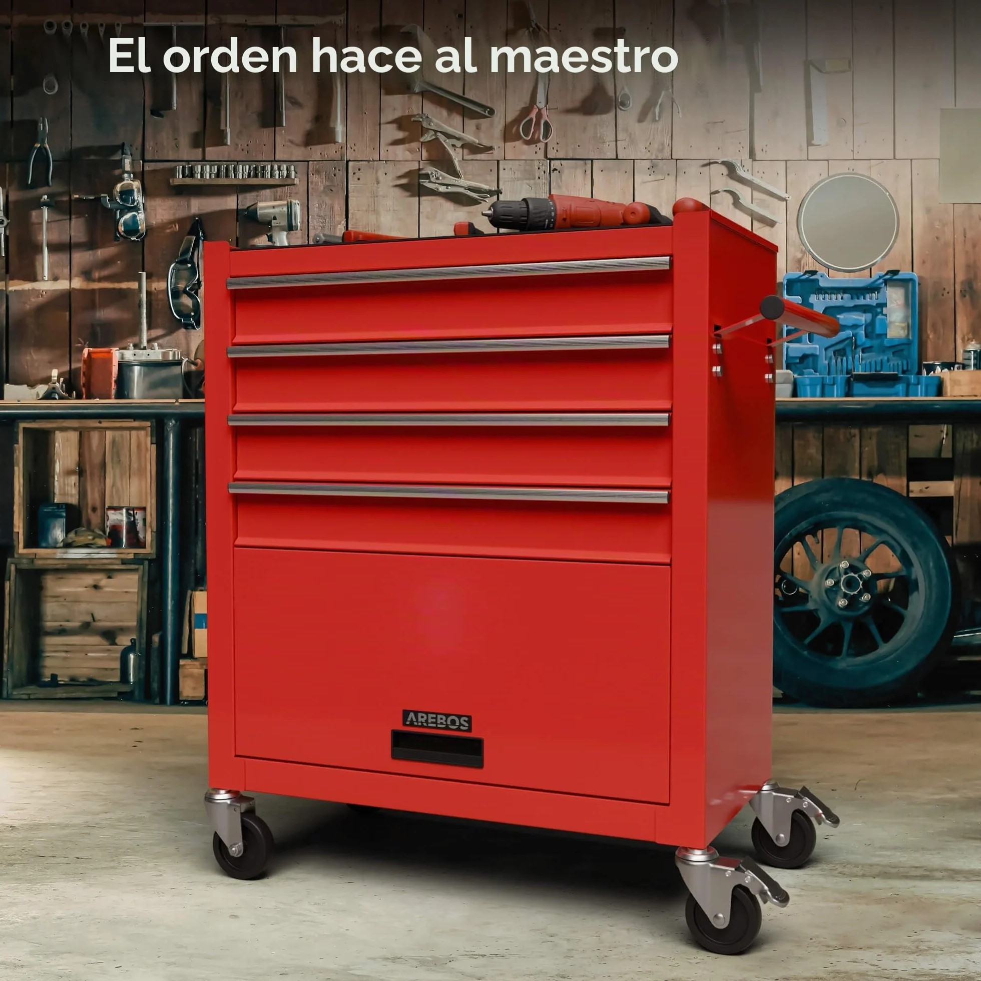 Arebos Carro de Taller con 4 Compartimentos | Incluye 81 Herramientas, Carro de Herramientas Equipado | Alfombrillas Antideslizantes | 2 Ruedas con Freno de estacionamiento | Rojo