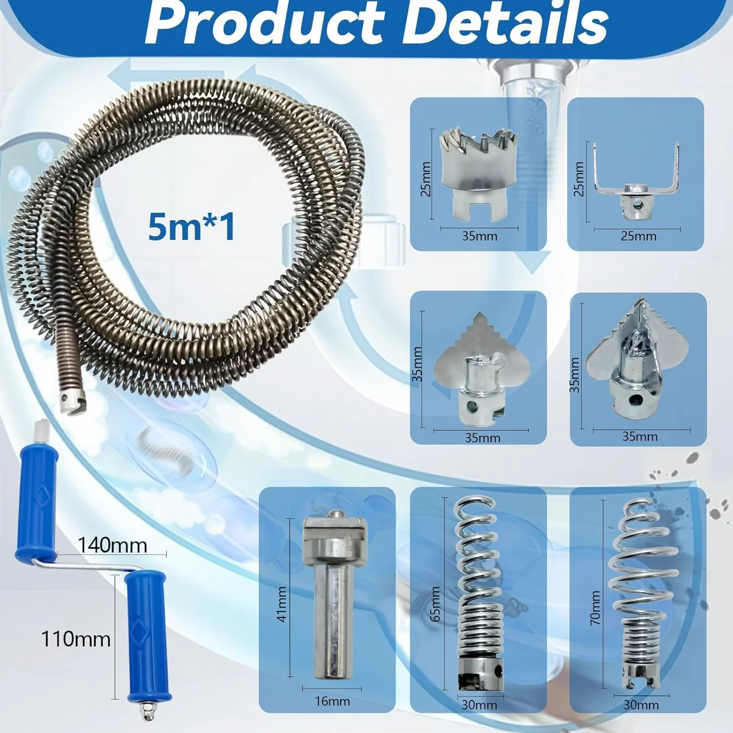 Desatascador Manual de Tuberías 5M, Desatascador Fregadero con 8 Accesorios, Diámetro 12mm - Espiral de Limpieza para Baño, Cocina, Ducha y WC