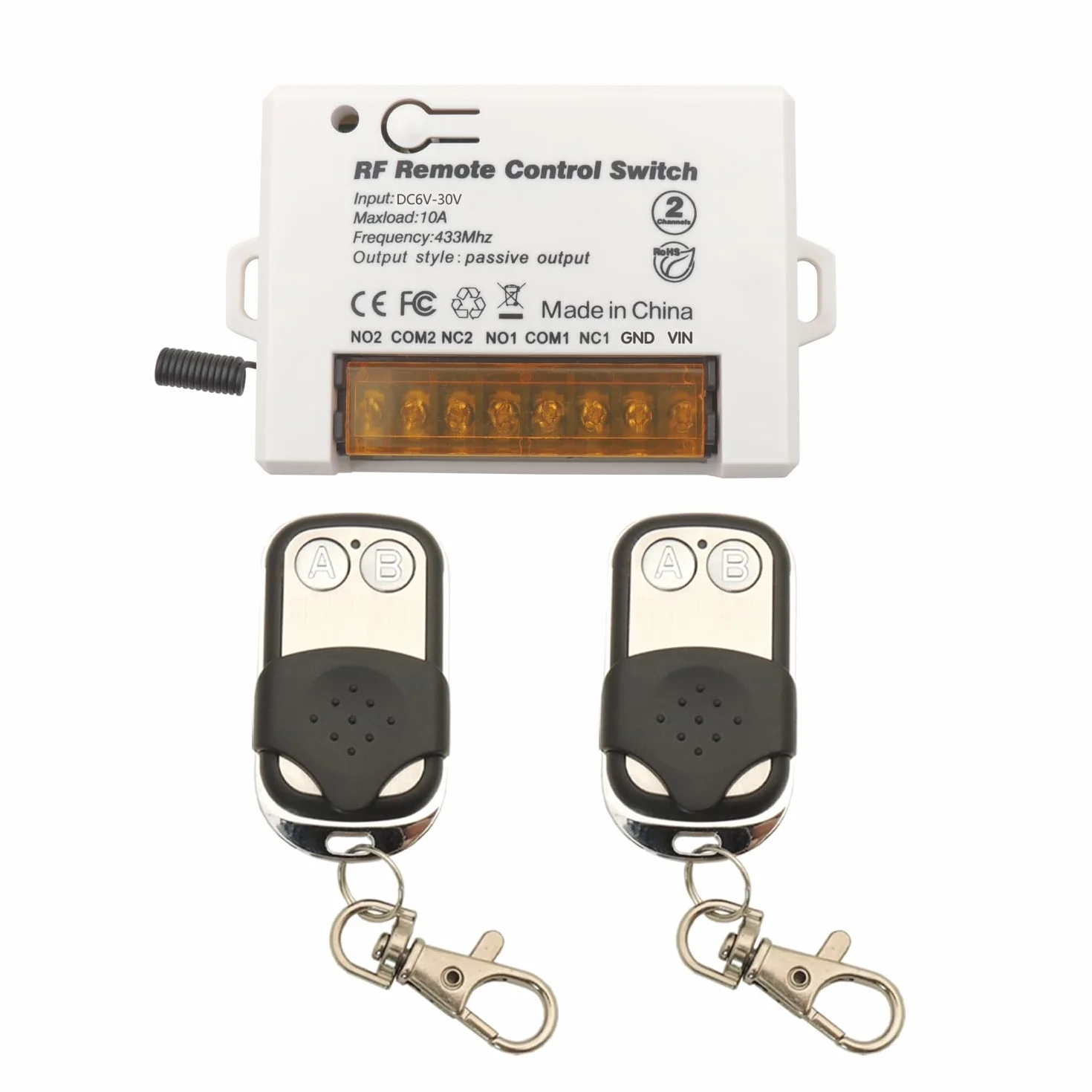 DieseRC Interruptor de mando a distancia de Relé Inalámbrico de 2 Canales 433MHz RF DC 5V 12V 24V 30V 10A Receptor de relé con 2 Control Remoto Transmisores, Terminal Grande Cableado Fácil