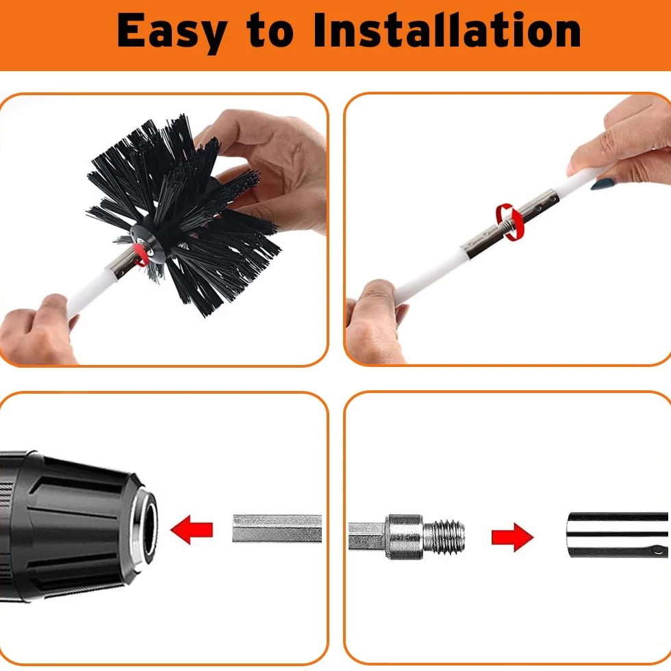 Kit de Cepillo Limpieza Chimenea, Cepillo para Limpiar Chimeneas con 12 Varillas Flexibles, 2 Cabeza de Cepilloy de Ø 150mm y 1 Barra Hexagonal para Tuberías de Caldera, Tubos de Ventilación