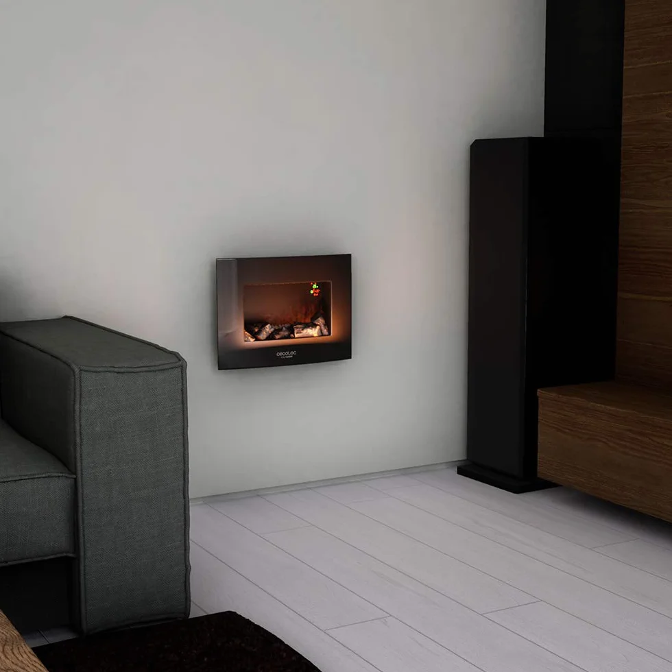 Cecotec Chimenea Eléctrica Decorativa 22” con Mando a Distancia Ready Warm 2210 Curved Flames. Máxima Potencia 2000W, 2 Intensidades, Panel Curvo de Cristal Templado, Llama Ajustable, Temporizador