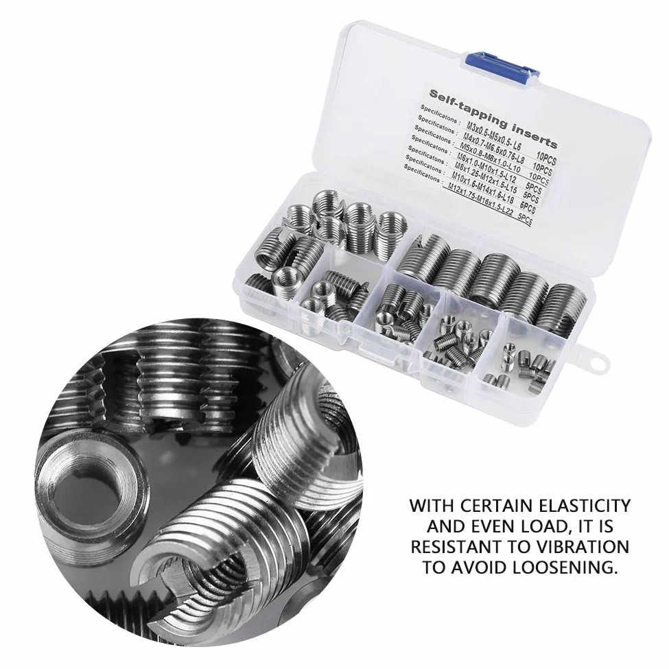 50 inserciones roscadas, inserto de rosca autorroscante, herramienta de reparación de refuerzo de rosca M3-M12, con cierta elasticidad, carga uniforme, evitar aflojar, para incrustaciones en plástico,