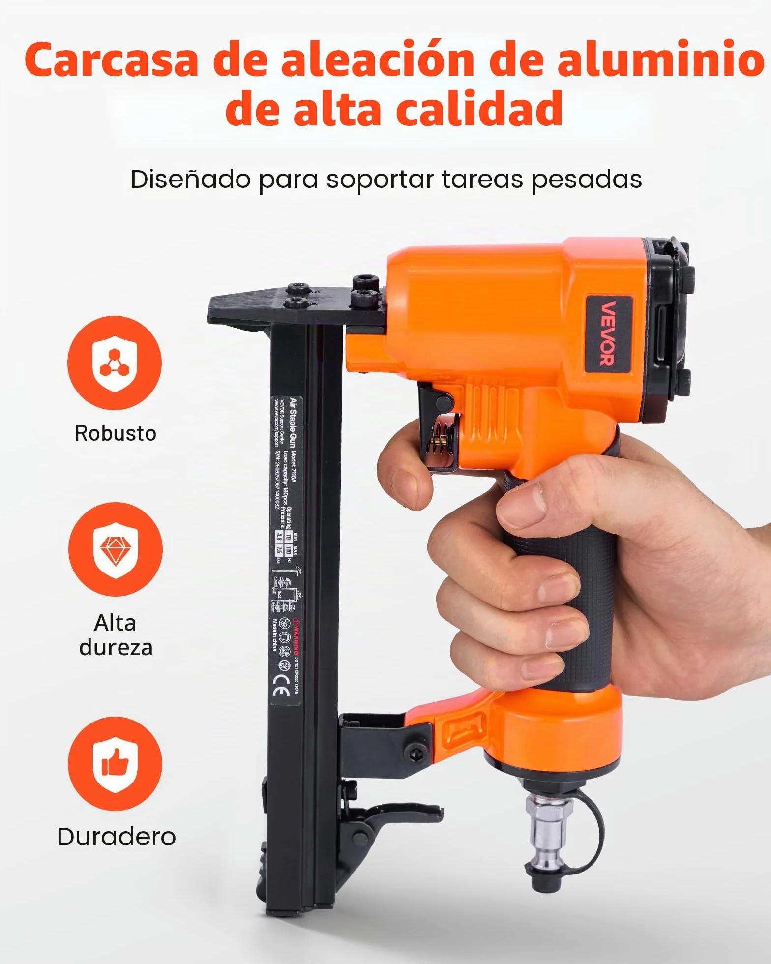 VEVOR Grapadora Neumática Calibre 22, Compatible con Grapas de Alambre Fino Serie 71, Ancho de Corona de 9,1 mm, Longitud de 4-16 mm, 4,8-7,6 bar, para Carpintería y Tapicería, 230 x 45 x 160 mm