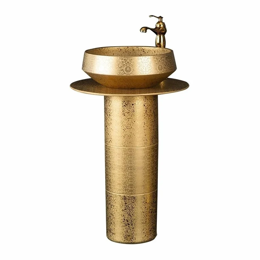 Lavabo de baño Fregadero de pedestal dorado de lujo, lavabo de columna de baño de 3 piezas, lavabo de tocador de baño de pie combinado con grifo, desagüe y espejo Lavabo de pedestal para baño(C)