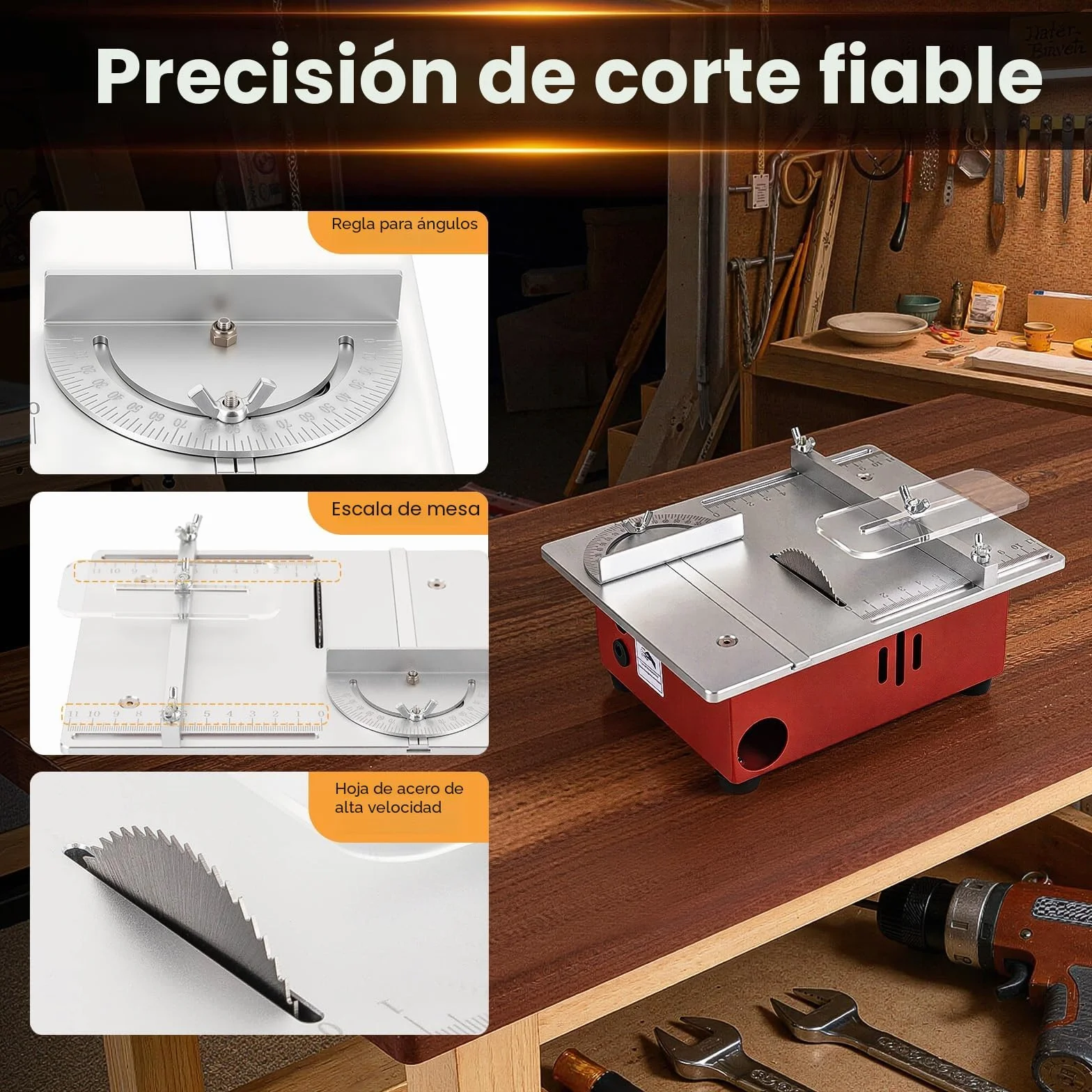 Mini Sierra Circular de Mesa 96 W, Sierra de Precisión para Bricolaje, Madera y Metal, 9200 rpm, 14 mm de Corte, Extracción de Polvo, Ideal para Manualidades