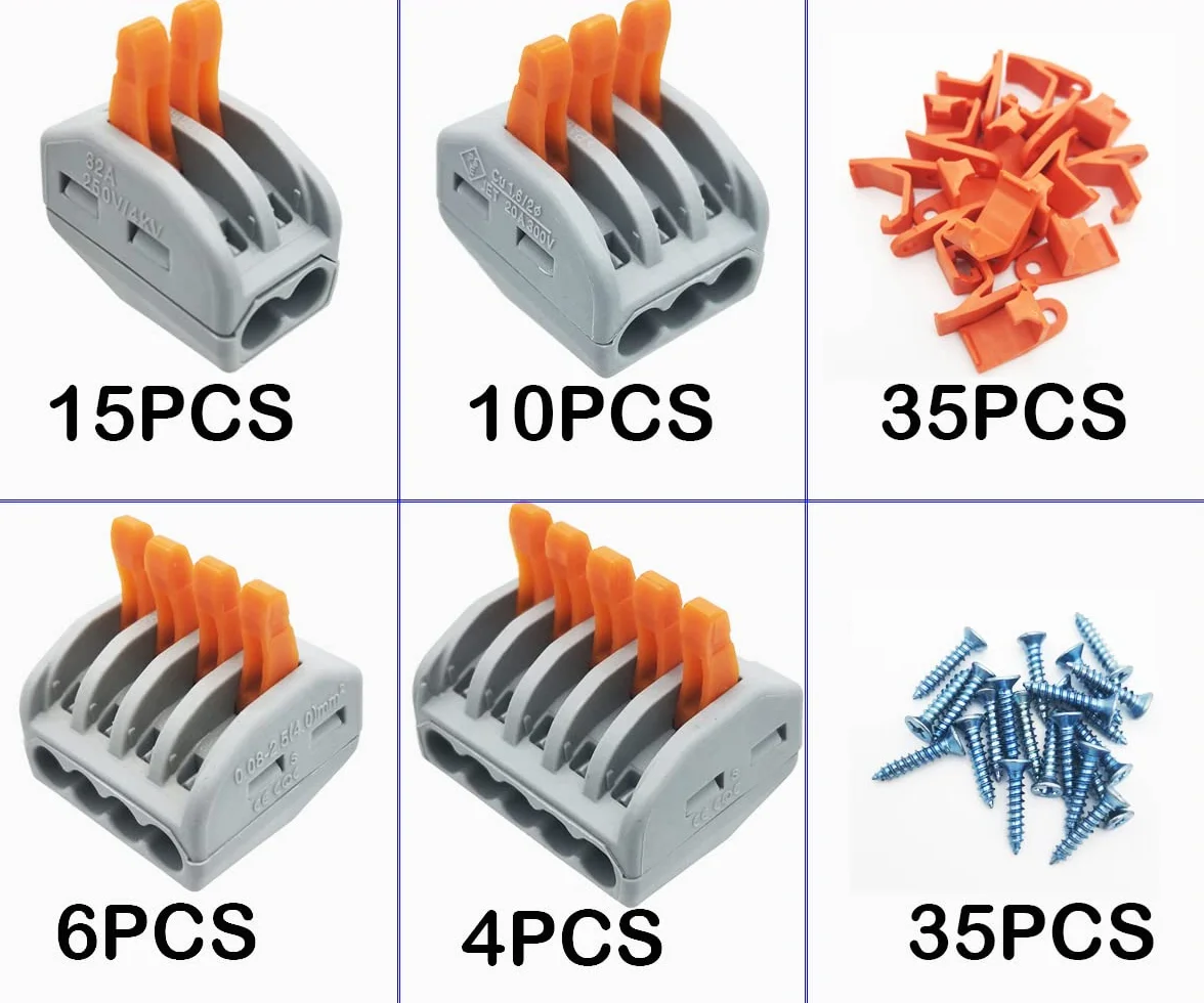 Conectores Electricos, CESFONJER 35 Pcs Bloque Terminales, Conectores de Cable Compacto con Palanca de Empuje con Resorte (15 pcs 2 puertos/10 pcs 3 puertos/6 pcs 4 puertos/4 pcs 5 puertos)