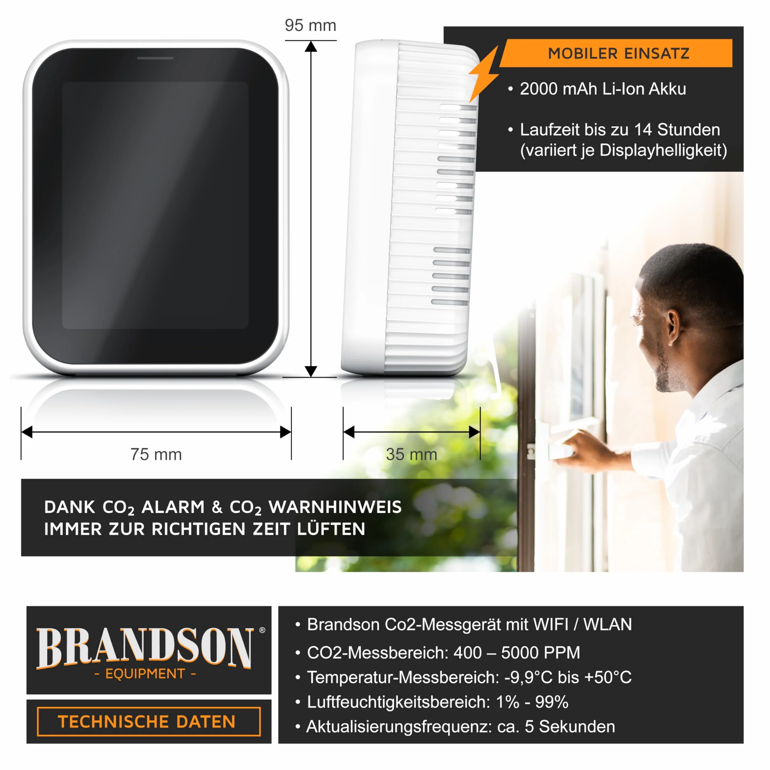 Brandson - Detector de CO2 WiFi - Medidor WiFi Comprobador de Calidad del Aire - Sensor de dióxido de Carbono Medición PPM - Tuya Smart Home - Recomendación de ventilación de Aire - Temperatura