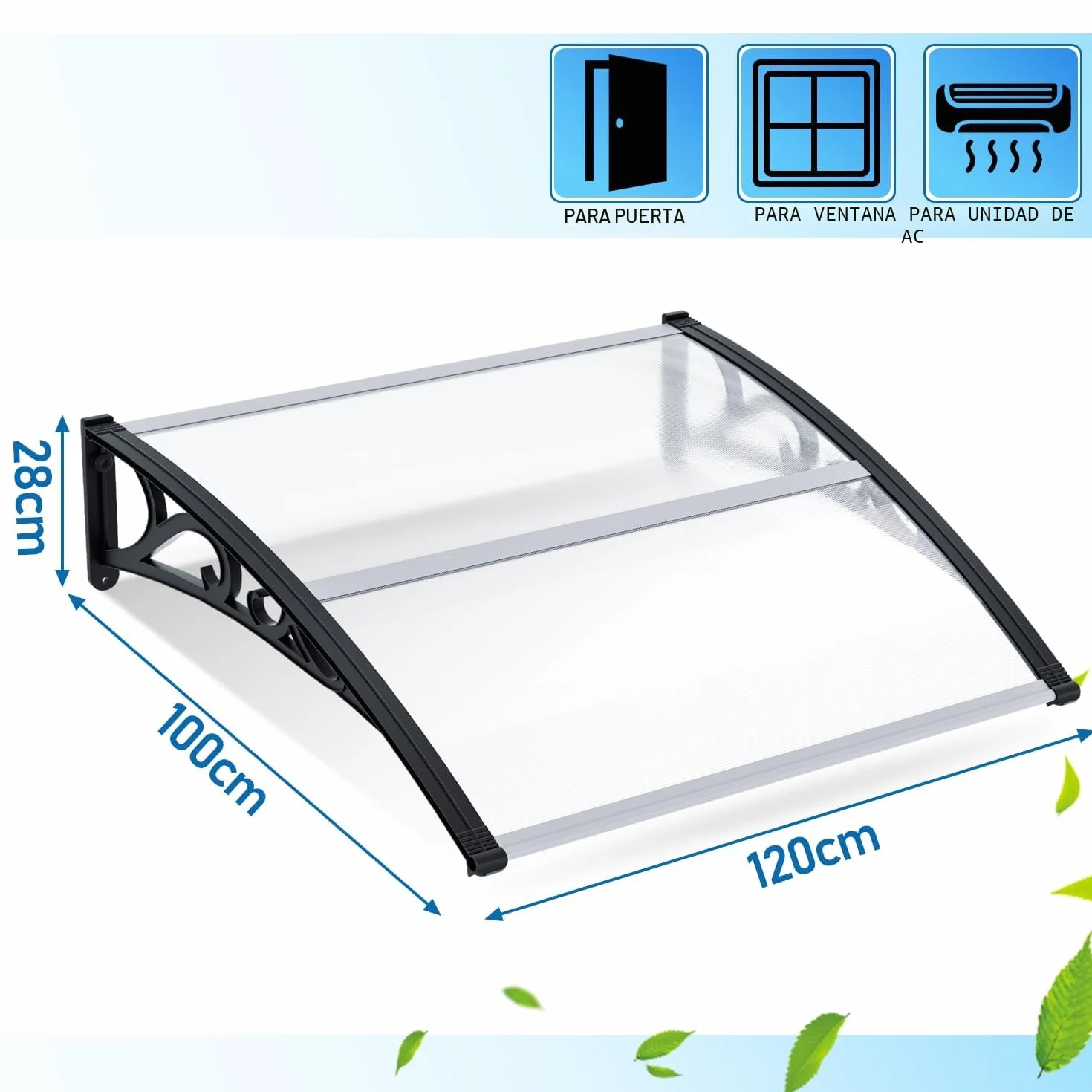 Sonnewelt Marquesina Puerta Entrada 100x120 cm Techo Policarbonato Hueco 5 mm Estructura ABS Arco Transparente Inclinado Protección Lluvia Sol