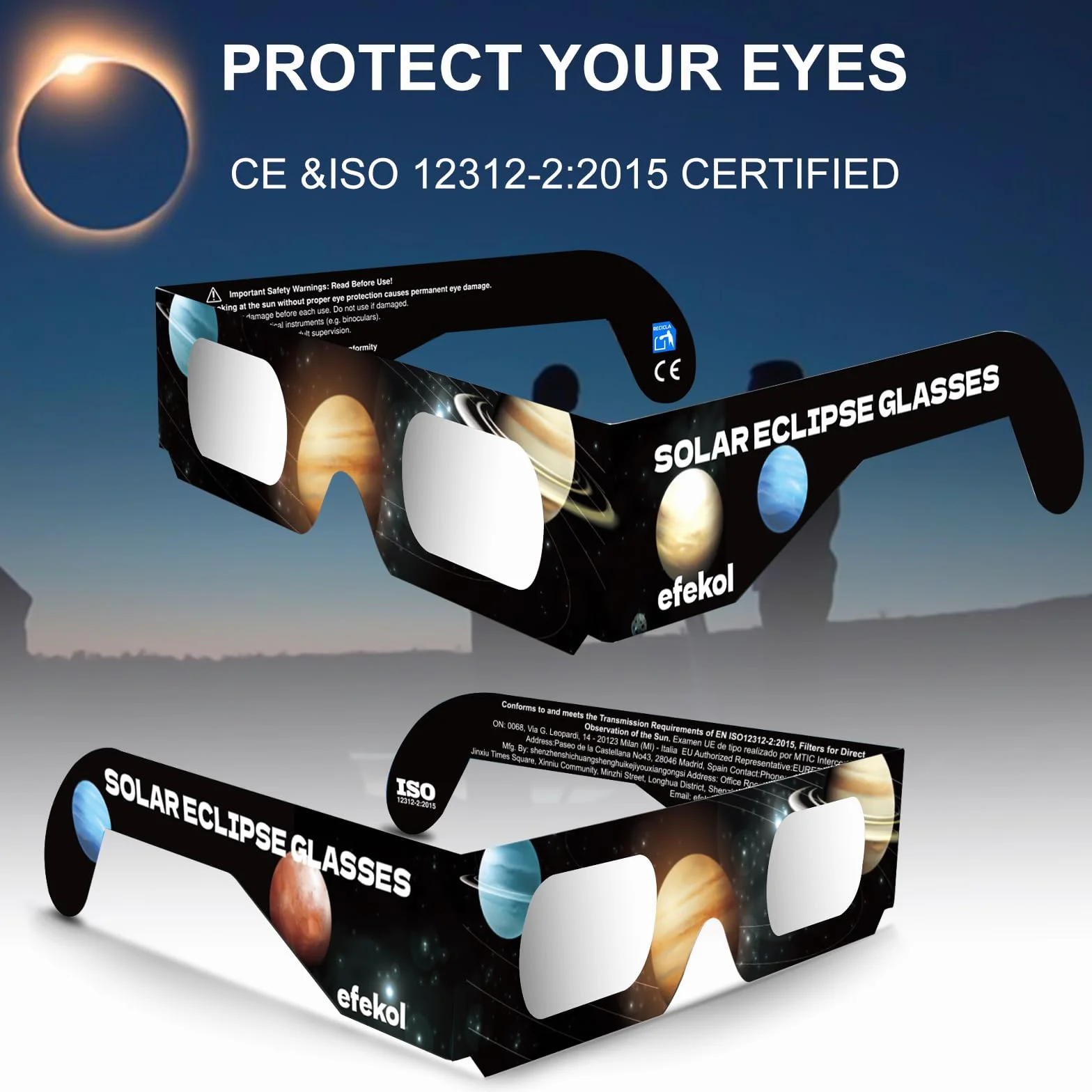 Efekol Gafas Eclipse Solar Homologadas 12 Pack CE EN ISO 12312-2 Observación Segura del Sol