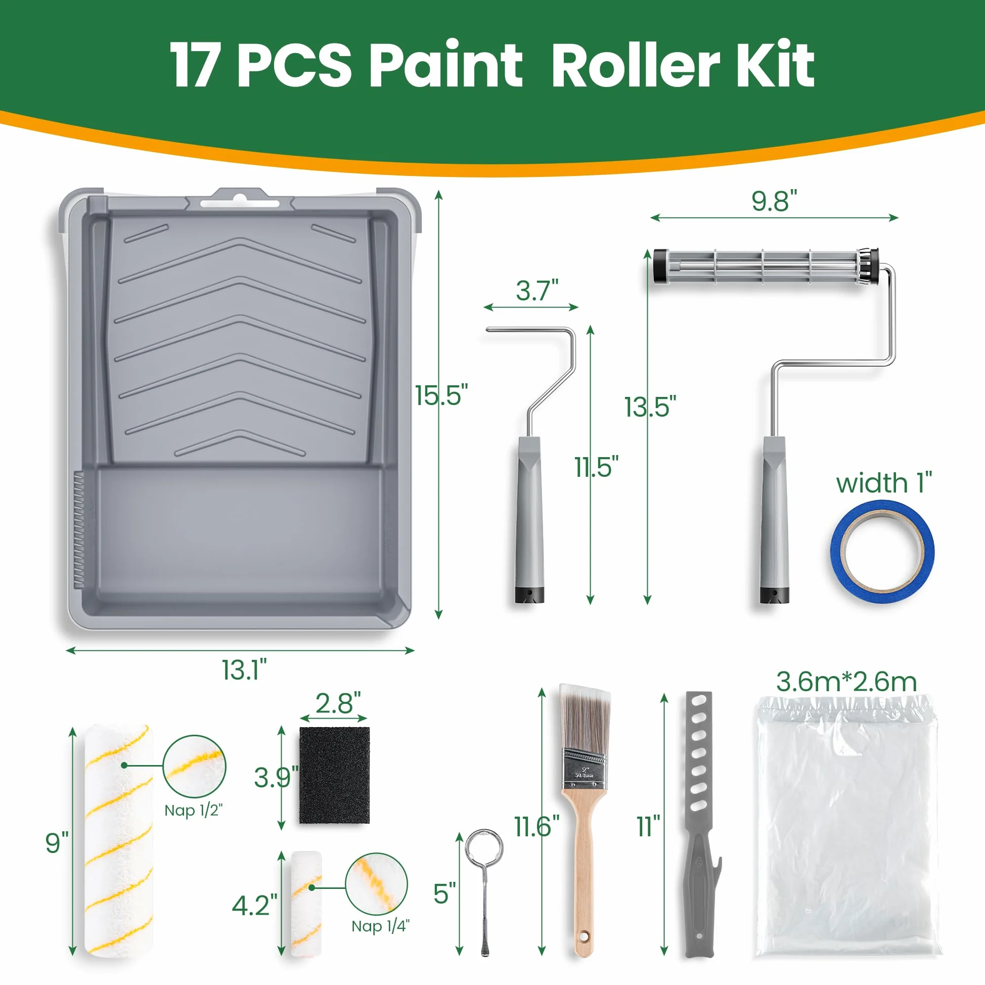 VOOMEY Kit de rodillos de pintura de 17 piezas, rodillos de pintura de 9 pulgadas y 4 pulgadas, marco de rodillo de pintura, bandejas de pintura, cubierta de rodillo de microfibra, kit de pintura para
