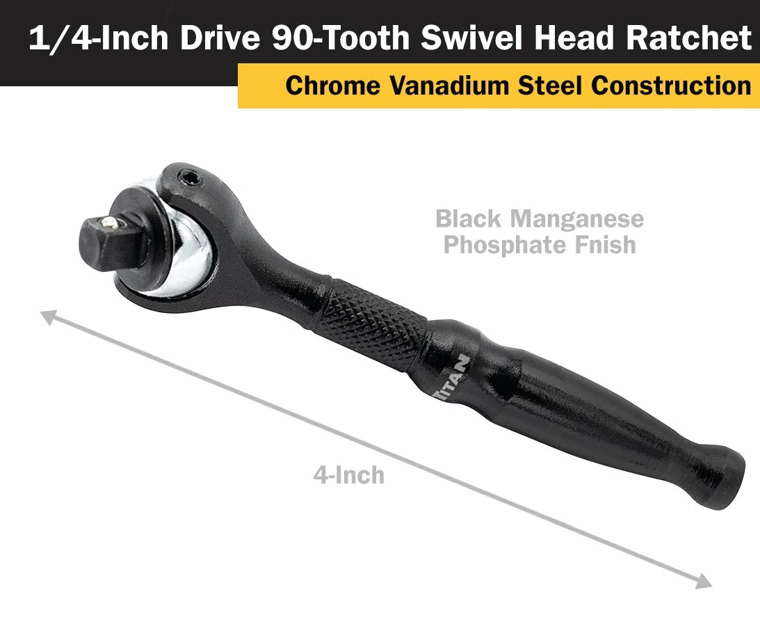 Titan 11313 Micro trinquete de cabeza giratoria de 90 dientes de 1/4 pulgadas x 4 pulgadas, negro, fábrica