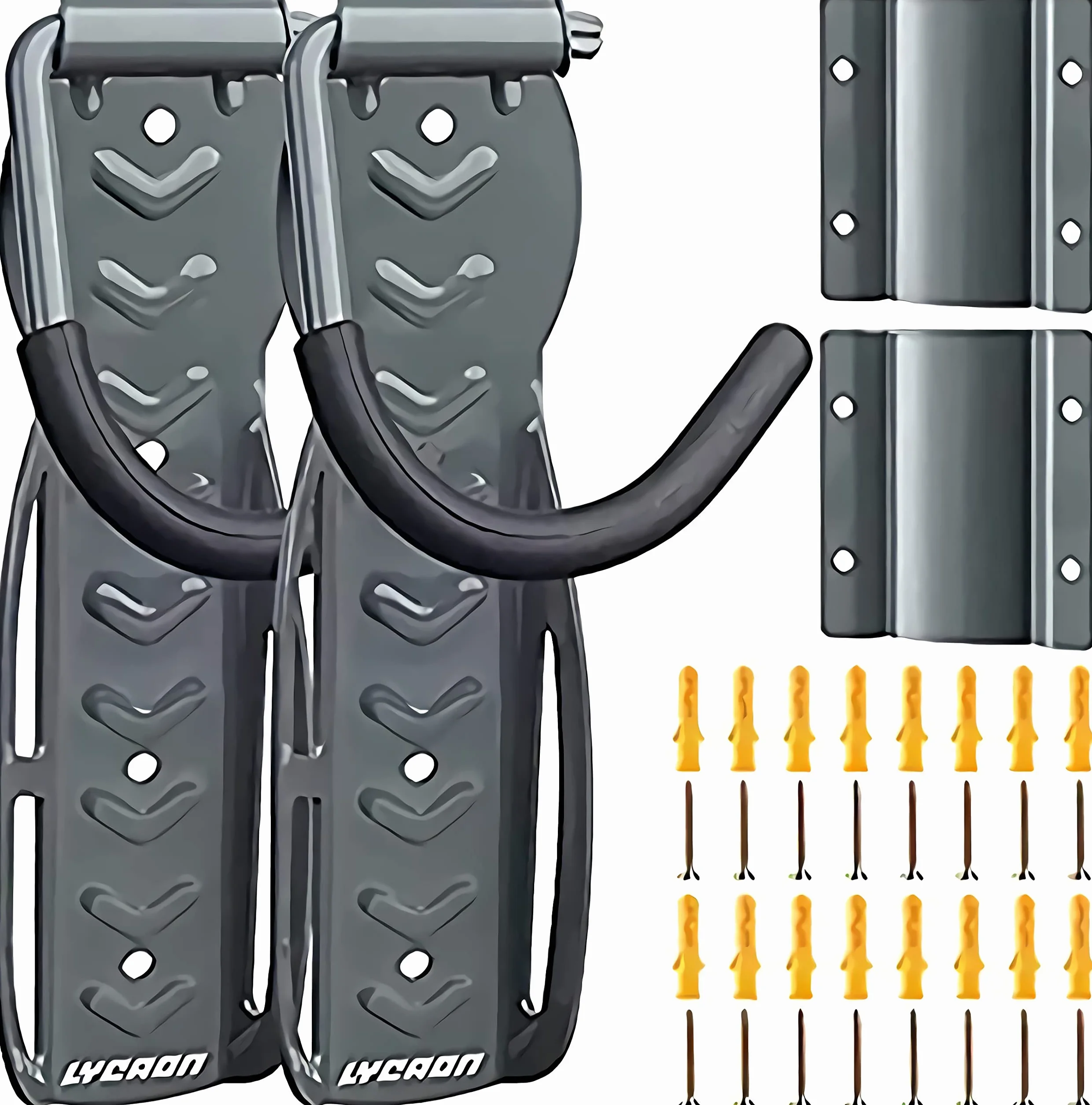LYCAON Soporte Bicicletas Pared, Gancho Bicicleta Pared Soporta Hasta 68lb, con Bandeja Para Neumáticos & Tornillos, Portabicicletas de Almacenamiento Vertical Casa/Tienda/Garaje (2)