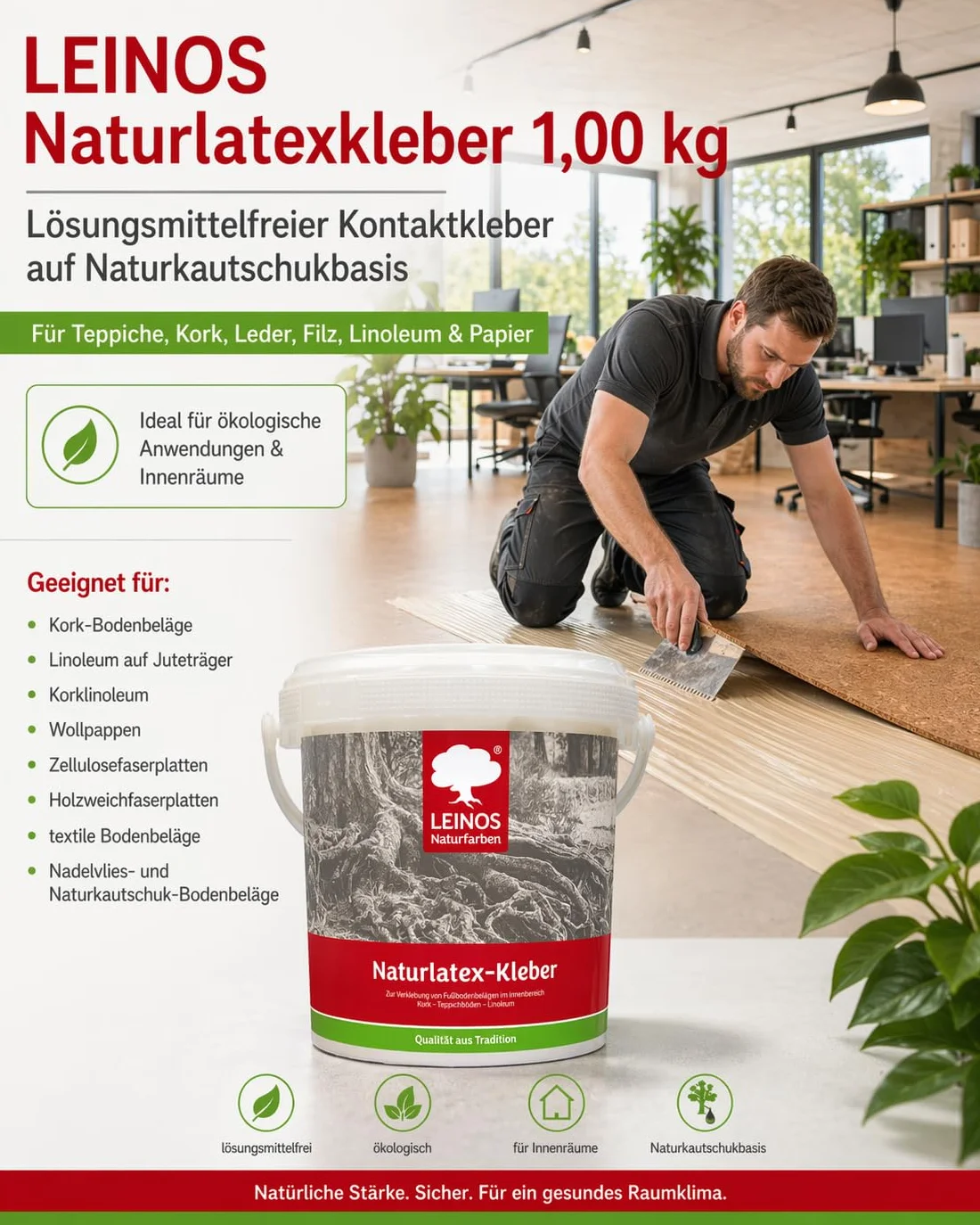 LEINOS Pegamento de látex natural 1,00 kg – adhesivo de contacto libre de solventes a base de caucho natural – para alfombras, corcho, cuero, fieltro, linóleo y papel – ideal para aplicaciones