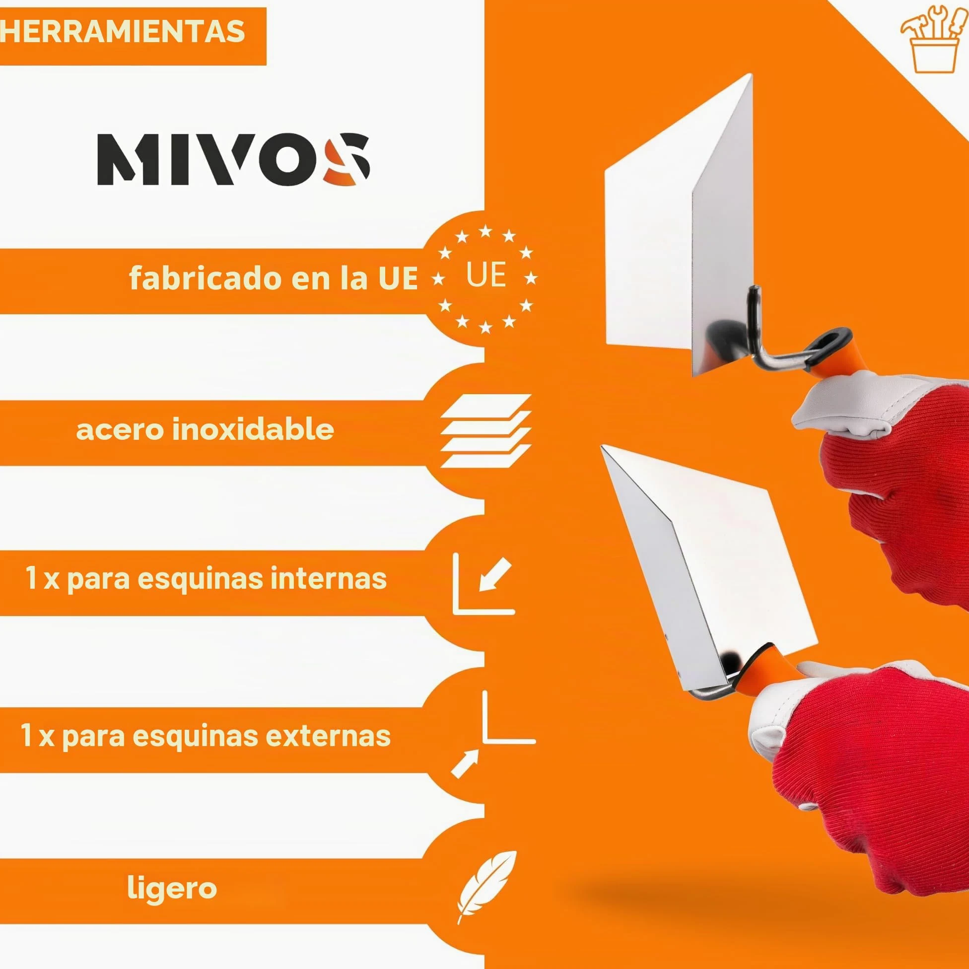 Mivos 2 paletas angulares inoxidables 125 x 75 mm - Paleta de Esquina interior y paleta angular exterior de acero inoxidable - interior y exterior con mango flexible - Espátula - MADE IN EU