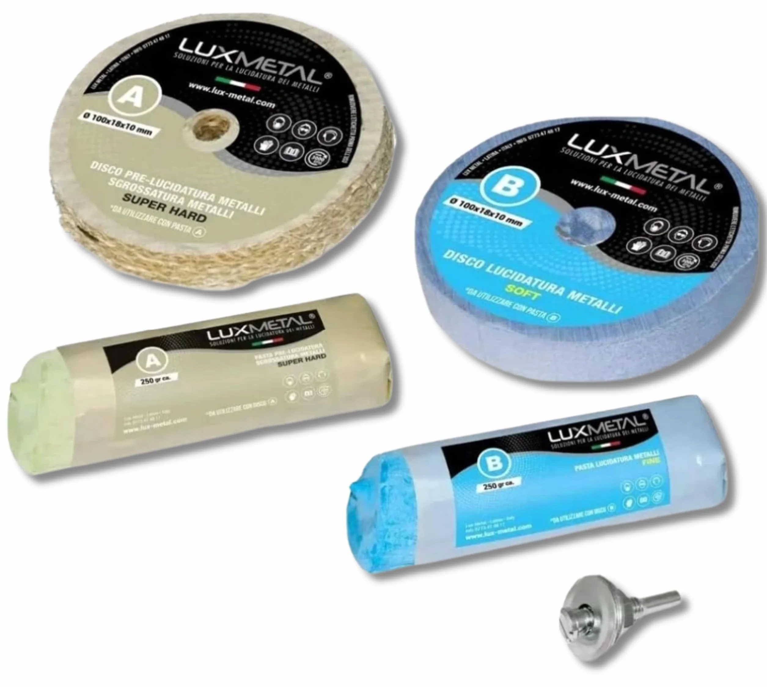 Lux Metal - Kit de Pulido 2 Pasta de Pulido Abrasiva de 250 g y 2 Discos de Pulido 100 mm Sisal Algodón Discos Broca para Pulir Metales Acero Inoxidable Aluminio Set de Pulido Latón Cobre Rueda