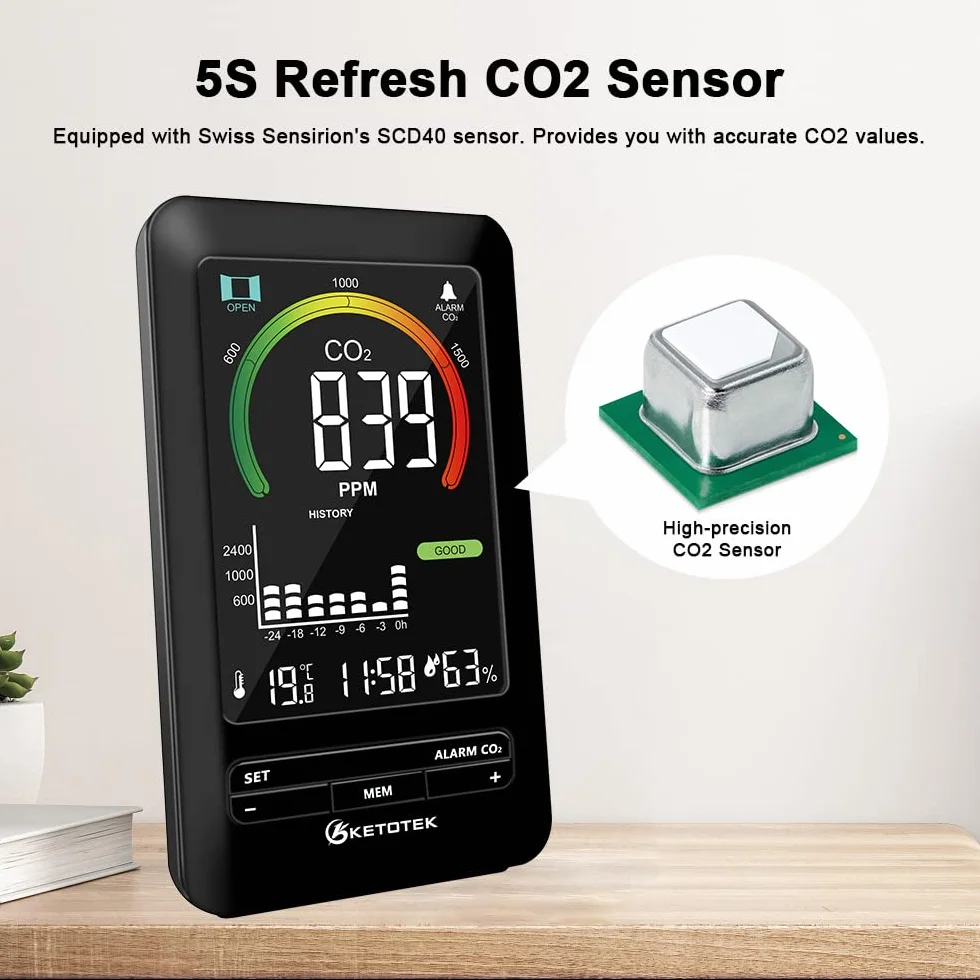 KETOTEK Medidor de CO2, Detector de CO2, Monitor de Calidad del Aire analizador con Alarma, Detector de dióxido de Carbono, Temperatura, Humedad