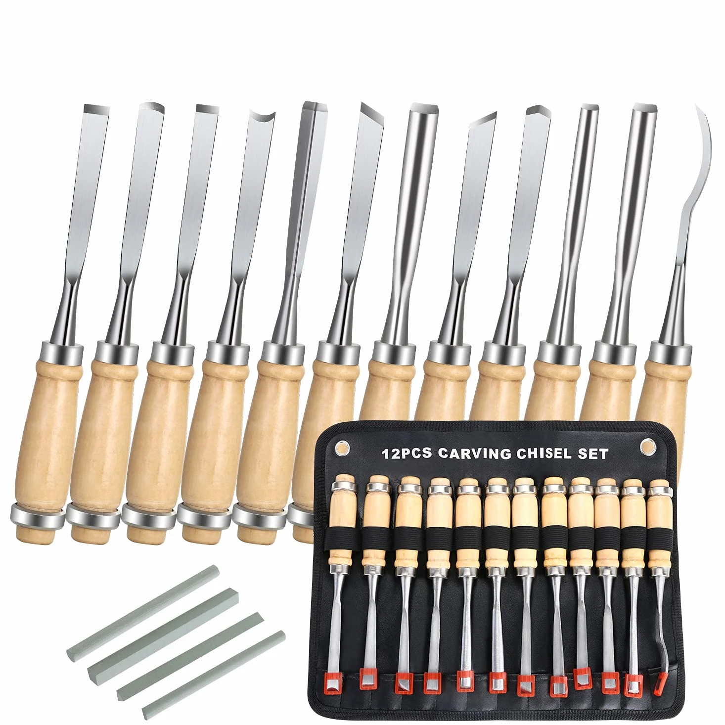 Flintronic Herramienta de Talla de Madera, 12 Formones + 4 Piedras de Afilar, Gubias para Grabadores DIY - Mango y Carrete de Madera