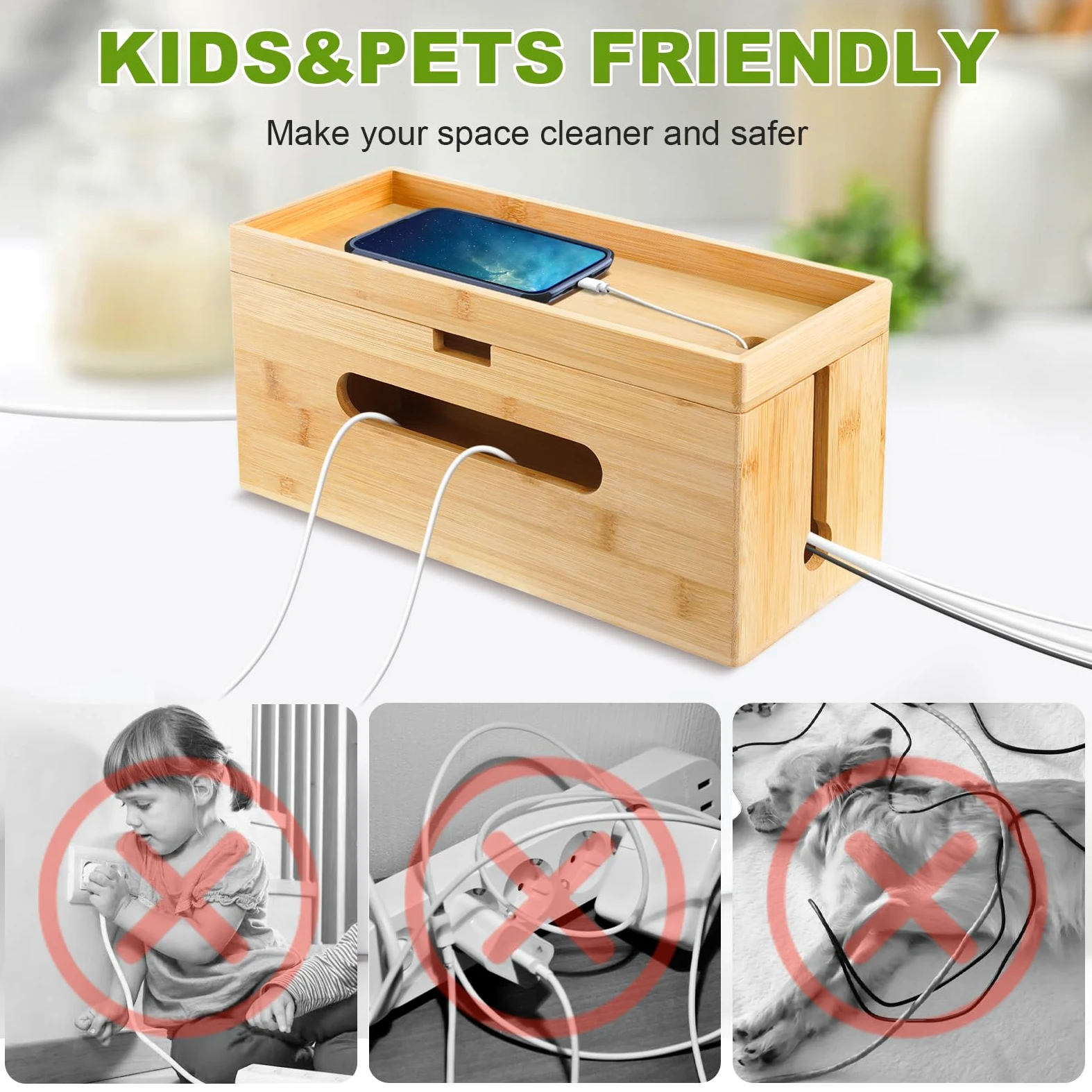 Caja de cables de madera [juego de 2 | grande y pequeño] de bambú sostenible – Caja de gestión de cables para ocultar cables enredados – Caja de enchufe colector de cables, caja organizador
