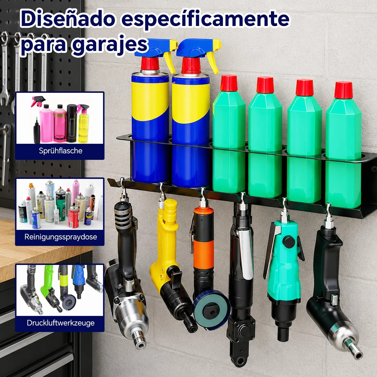 Juego de 2 soportes para botellas de spray con 5 compartimentos y 6 ranuras, para garaje, taller y hogar
